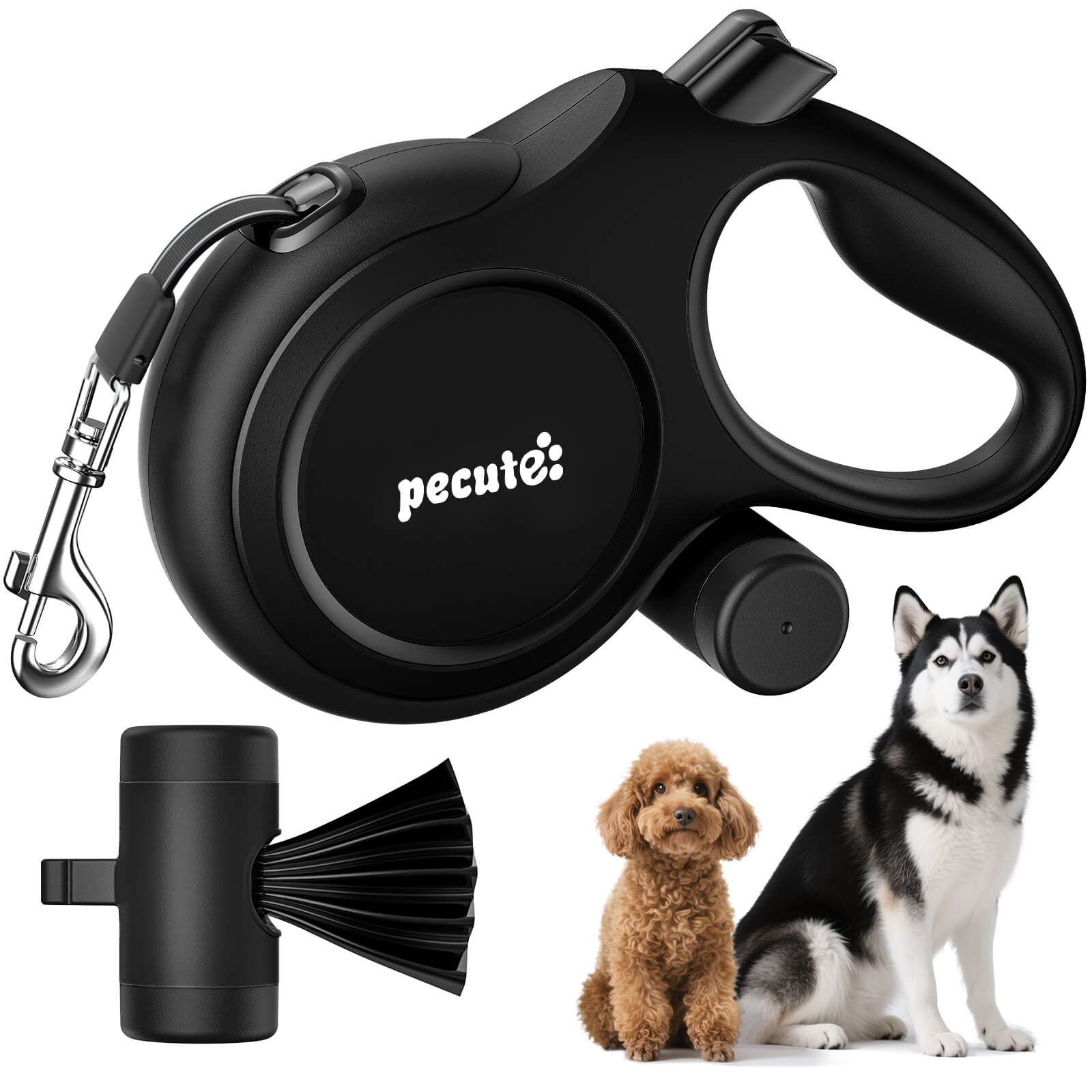 Pecute 8m/26ft Dog Lead Retractable Dog Leash with Poo Bag Holder