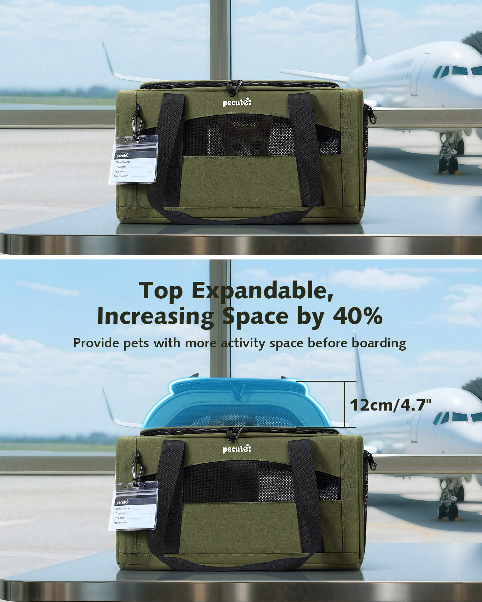 Pecute Airline Approved Expandable Pet Carrier Dog Cat Carrier with Leakproof Pee Pad