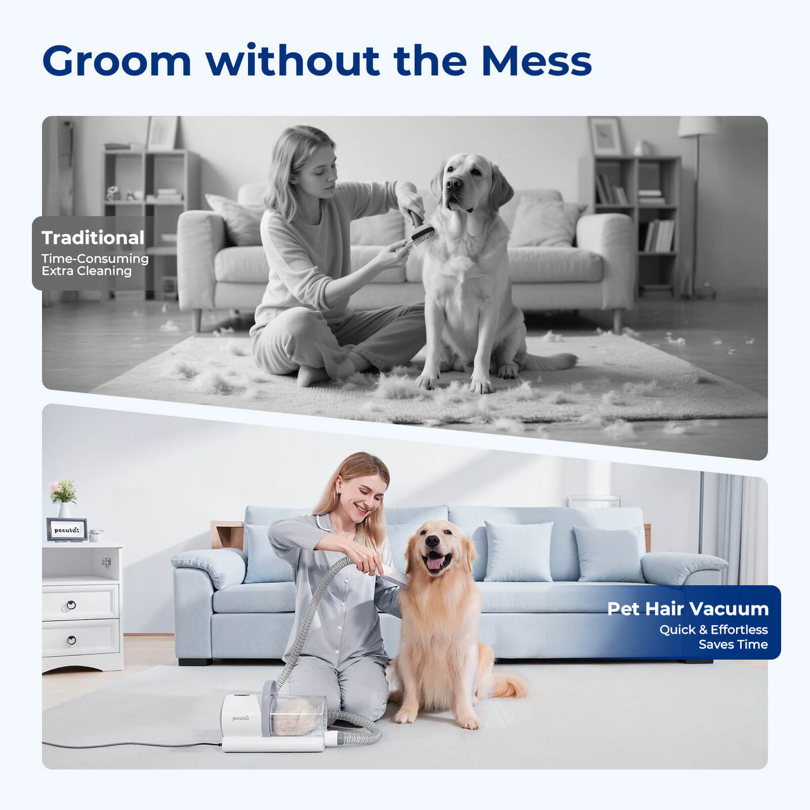 Pecute 4-in-1 Pet Grooming Vacuum Kit with Clipper Brush