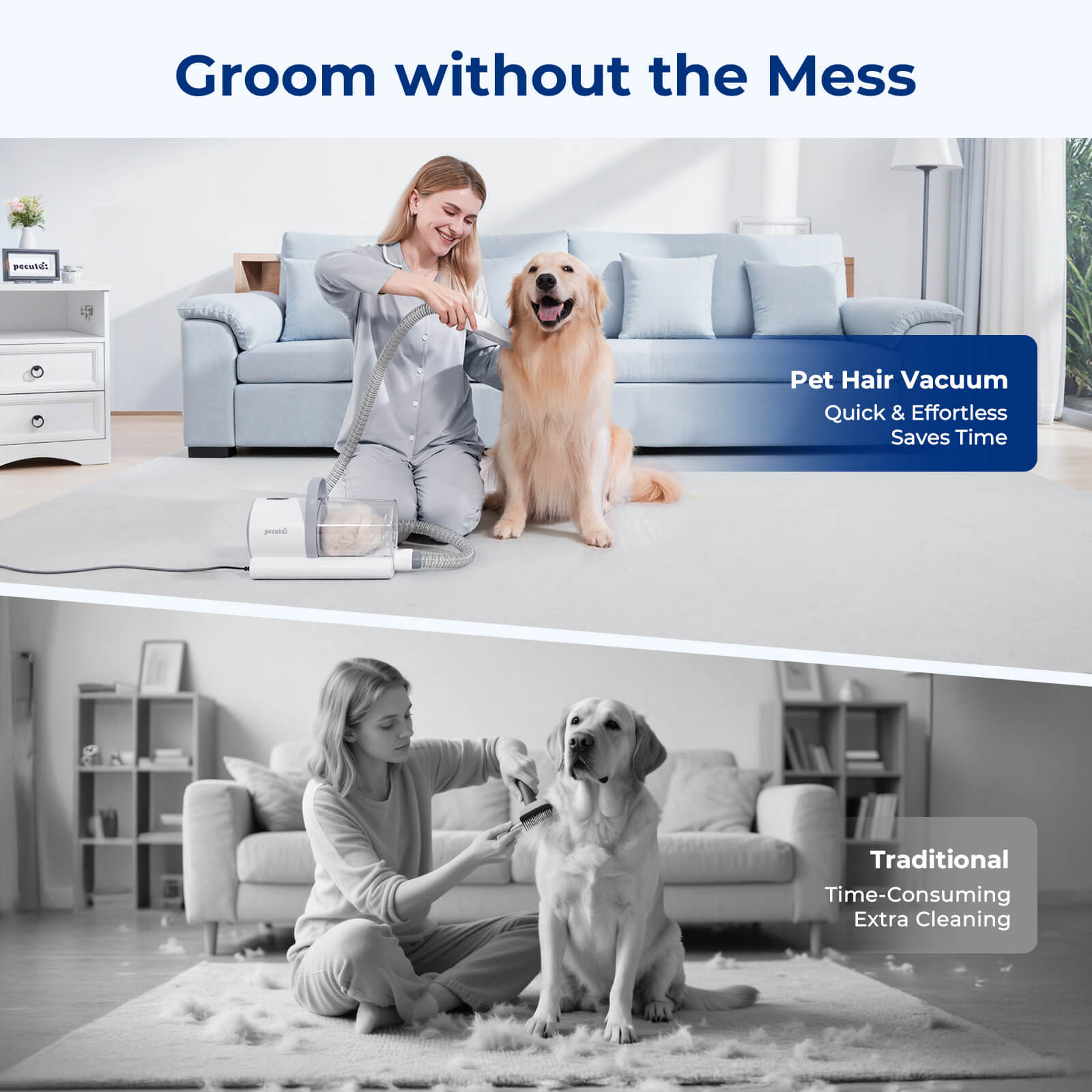 Pecute 4-in-1 Pet Grooming Vacuum Kit with Clipper Brush