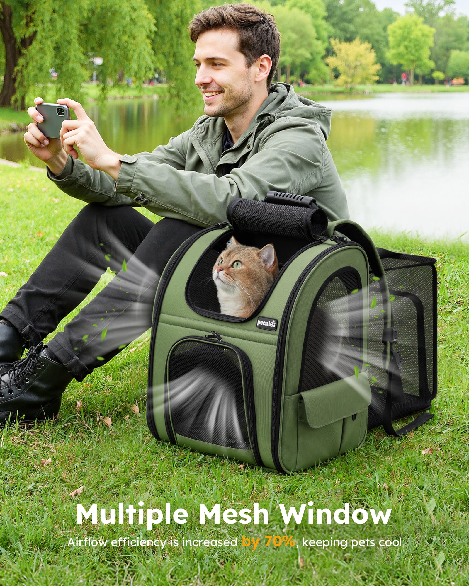 Pecute Expandable Breathable Mesh Cat Backpack Carrier (Green)