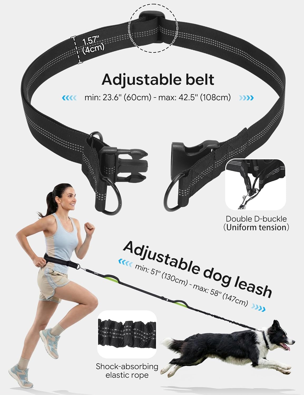Dog Leash Hands Free, Waist Leash for Dog Walking with Pouch Removable| Shock Absorbing Bungee| Thickened Lumbar pad & Comfortable Dual Handles| Dog Running and Training,for 33-120lbs Dogs
