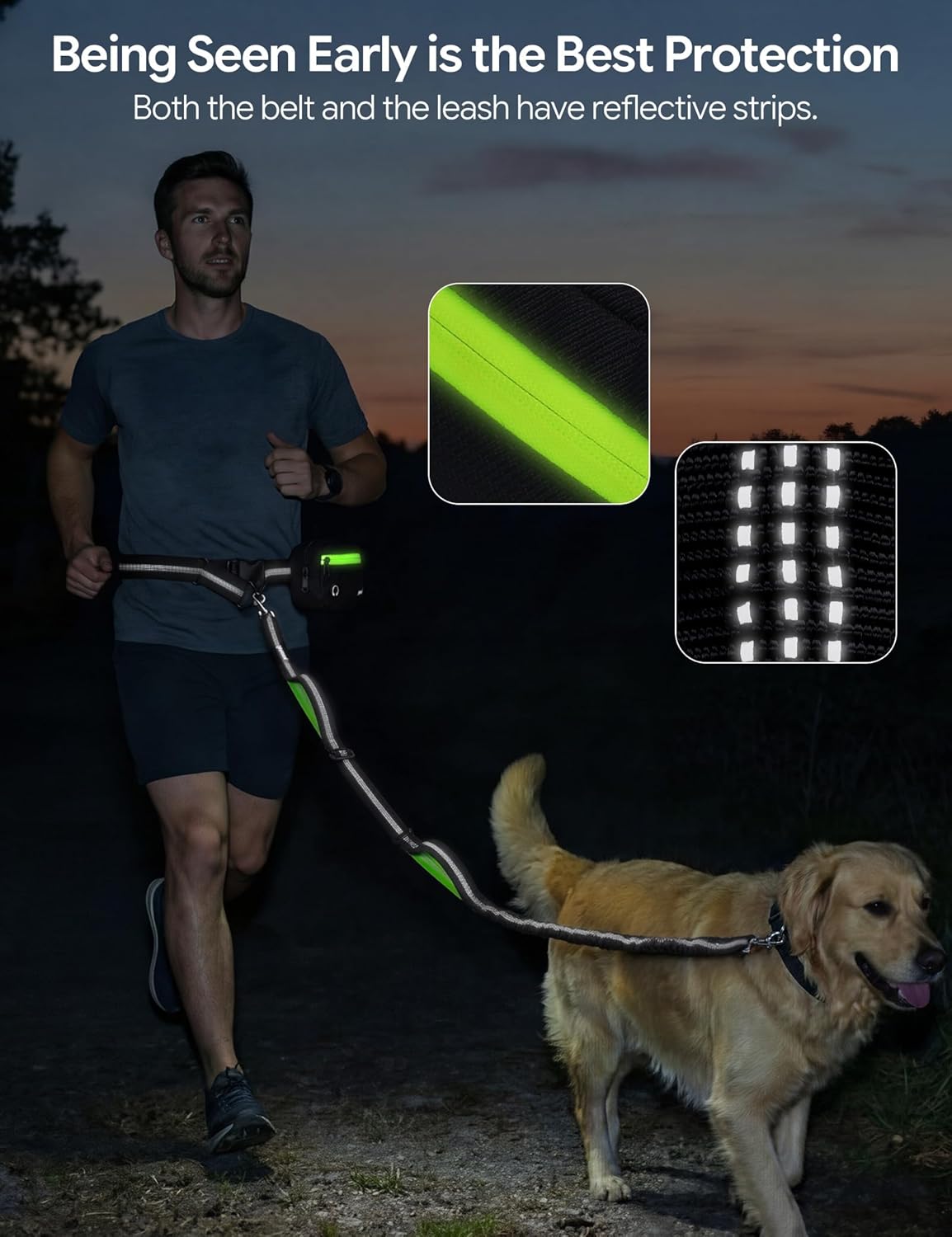 Dog Leash Hands Free, Waist Leash for Dog Walking with Pouch Removable| Shock Absorbing Bungee| Thickened Lumbar pad & Comfortable Dual Handles| Dog Running and Training,for 33-120lbs Dogs