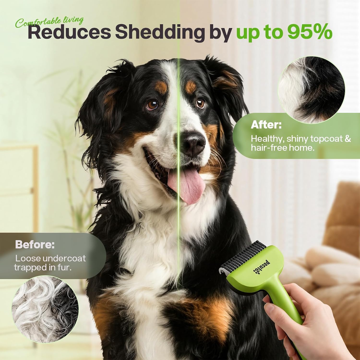 Pecute Self-Cleaning Undercoat Rake for Dogs Cats with Long/Double Coats