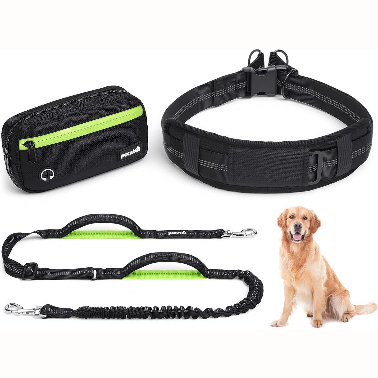 Pecute Dog Leash Hands Free Waist Leash with Pouch Removable for 33-120lbs Dogs