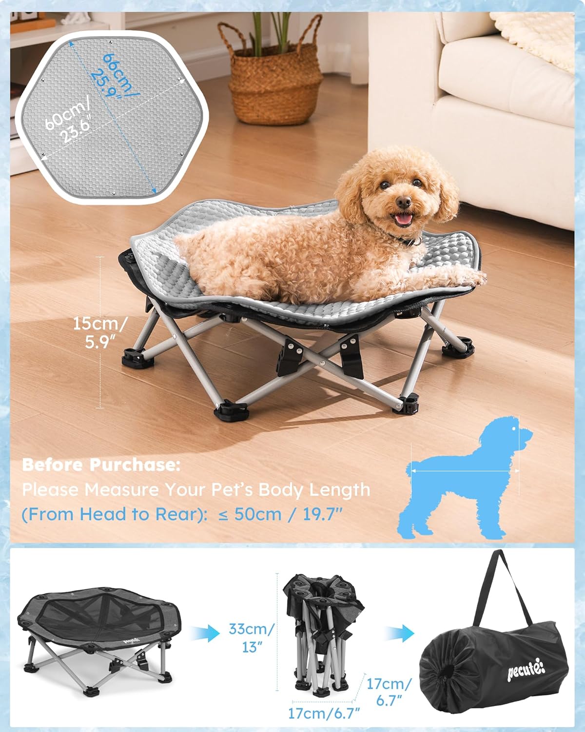 Pecute Elevated Dog Bed with Cooling Blanket, Chew Proof Outdoor Pet Cot for Small Dogs, Tool-Free Assembly & 360° Breathable Mesh for Summer Camping, Orthopedic Joint Support, M, 26×23.6×5.9"