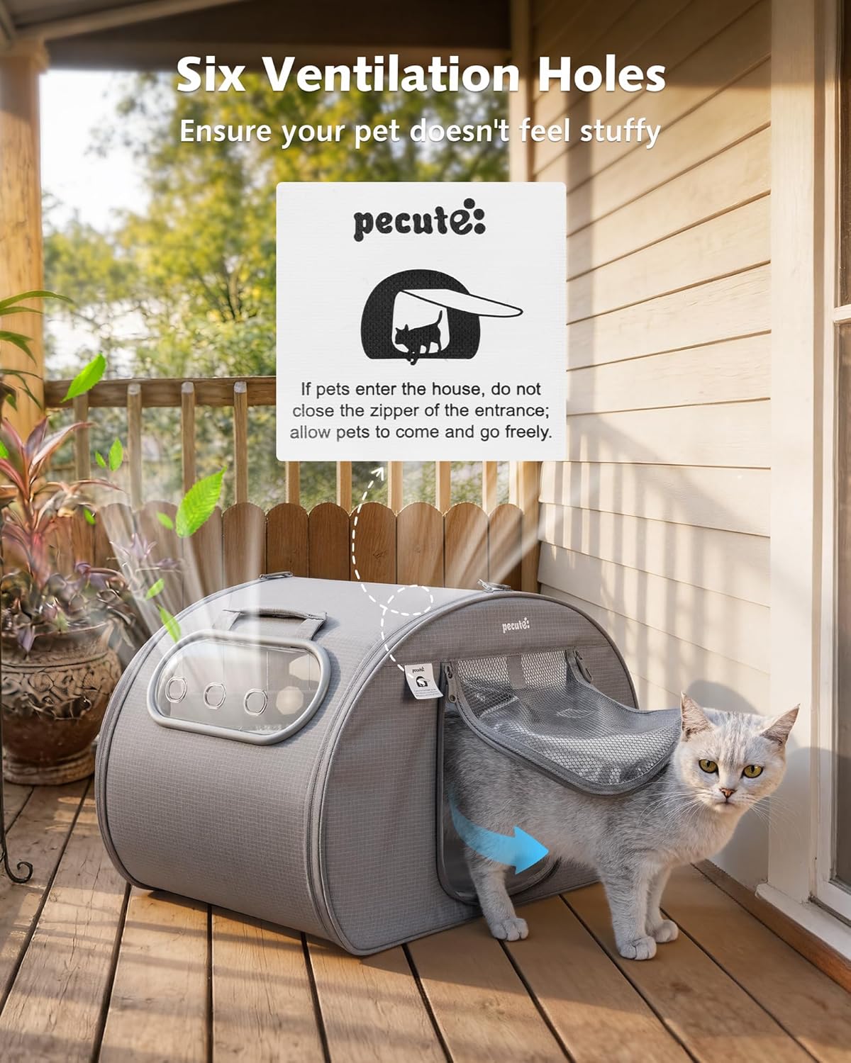 pecute Cat Cooling House, Dog House with Cooling Mat, Indoor Cat Bed with Insulation and 6 Built-in Ice Packs, Foldable Transparent Window Cat House for Small Medium Pets Under 6kg,M,Grey