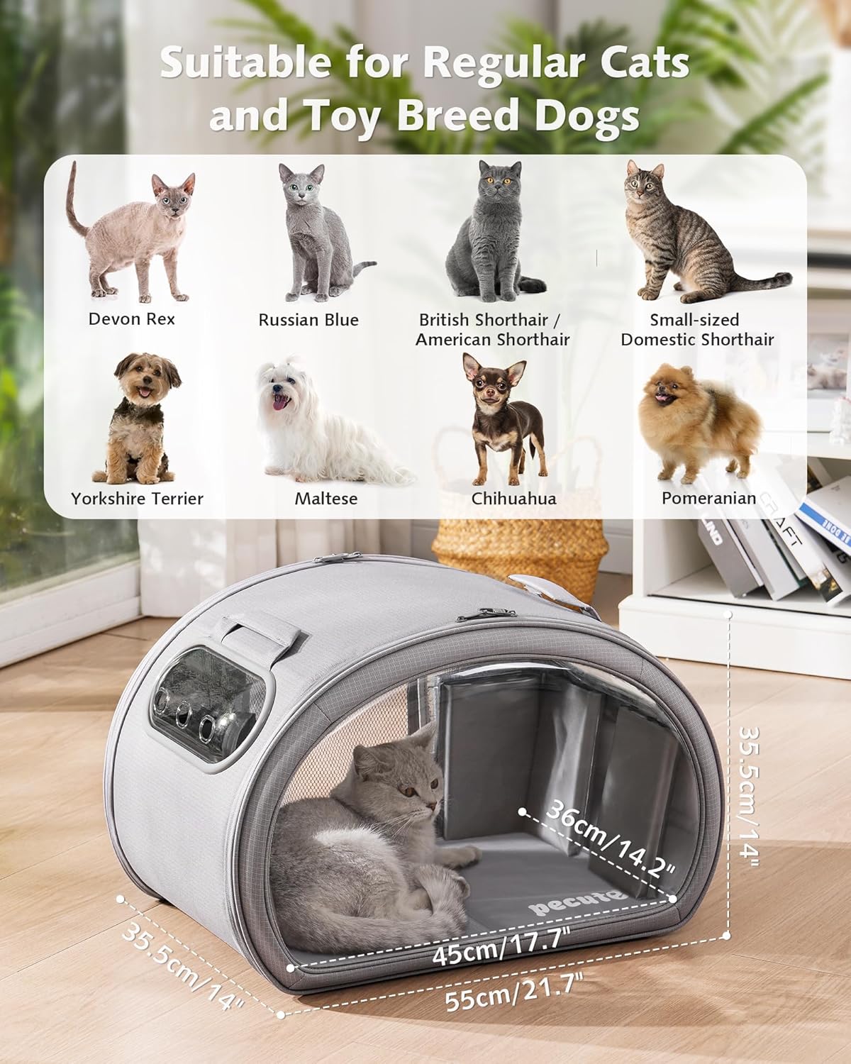 pecute Cat Cooling House, Dog House with Cooling Mat, Indoor Cat Bed with Insulation and 6 Built-in Ice Packs, Foldable Transparent Window Cat House for Small Medium Pets Under 6kg,M,Grey