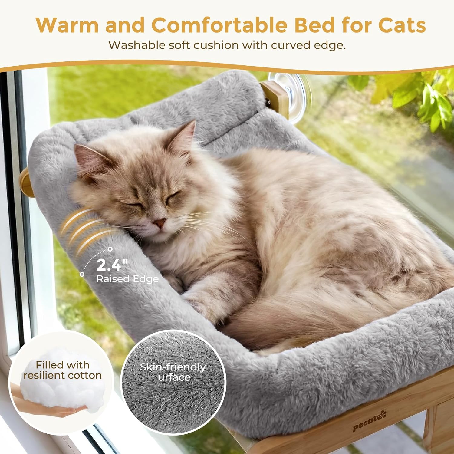 Pecute Cat Window Hammock Foldable, Cat Bed with Soft Cushion Grey, 26" L