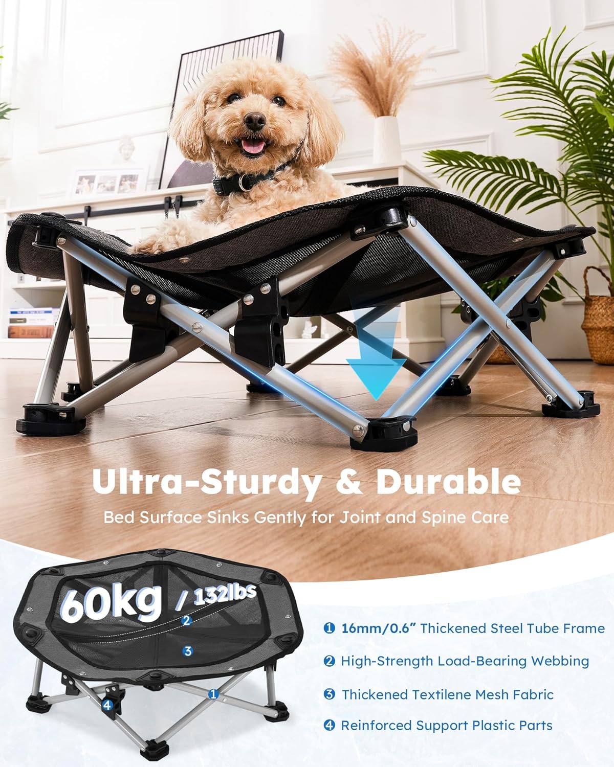 Pecute Elevated Dog Bed with Cooling Blanket, Chew Proof Outdoor Pet Cot for Small Dogs, Tool-Free Assembly & 360° Breathable Mesh for Summer Camping, Orthopedic Joint Support, M, 26×23.6×5.9"