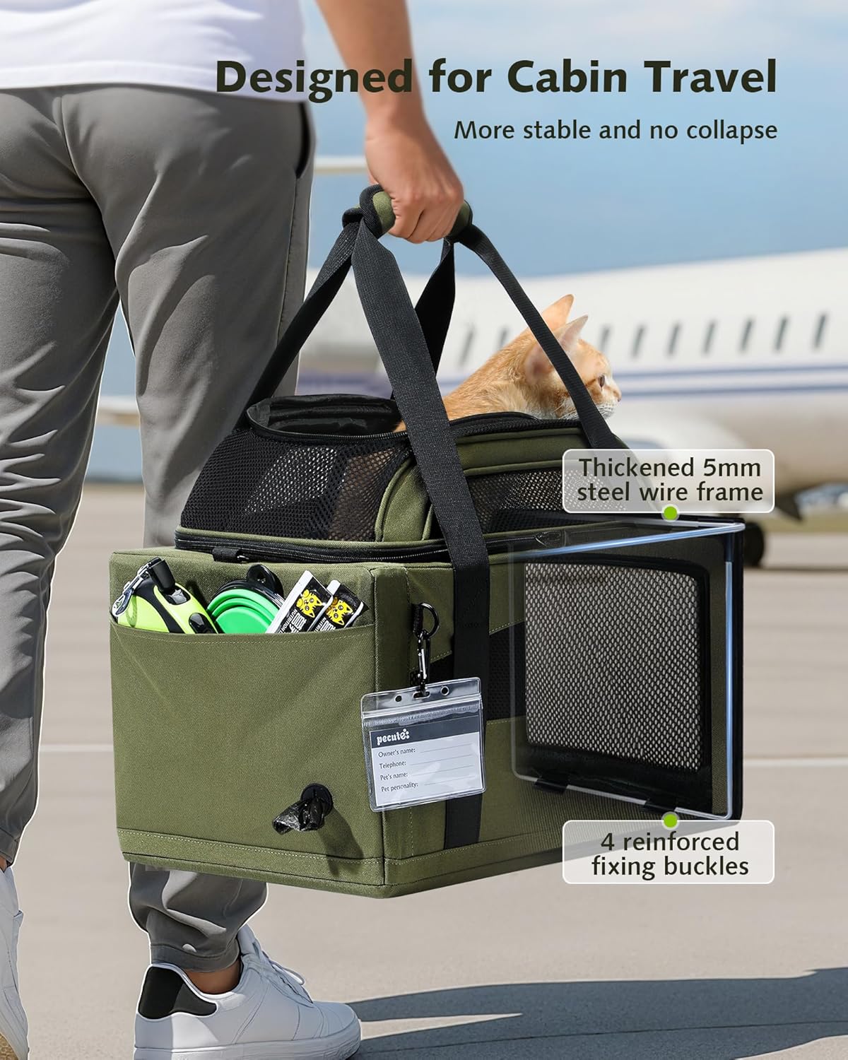 Pecute Top Side Expandable Pet Carrier Airline Approved Dog Cat Carrier, Breathable Soft-Sided with Locking Zippers, Pet Travel Bag for Small Dog Cat Leakproof Pee Pad (Olive Green)