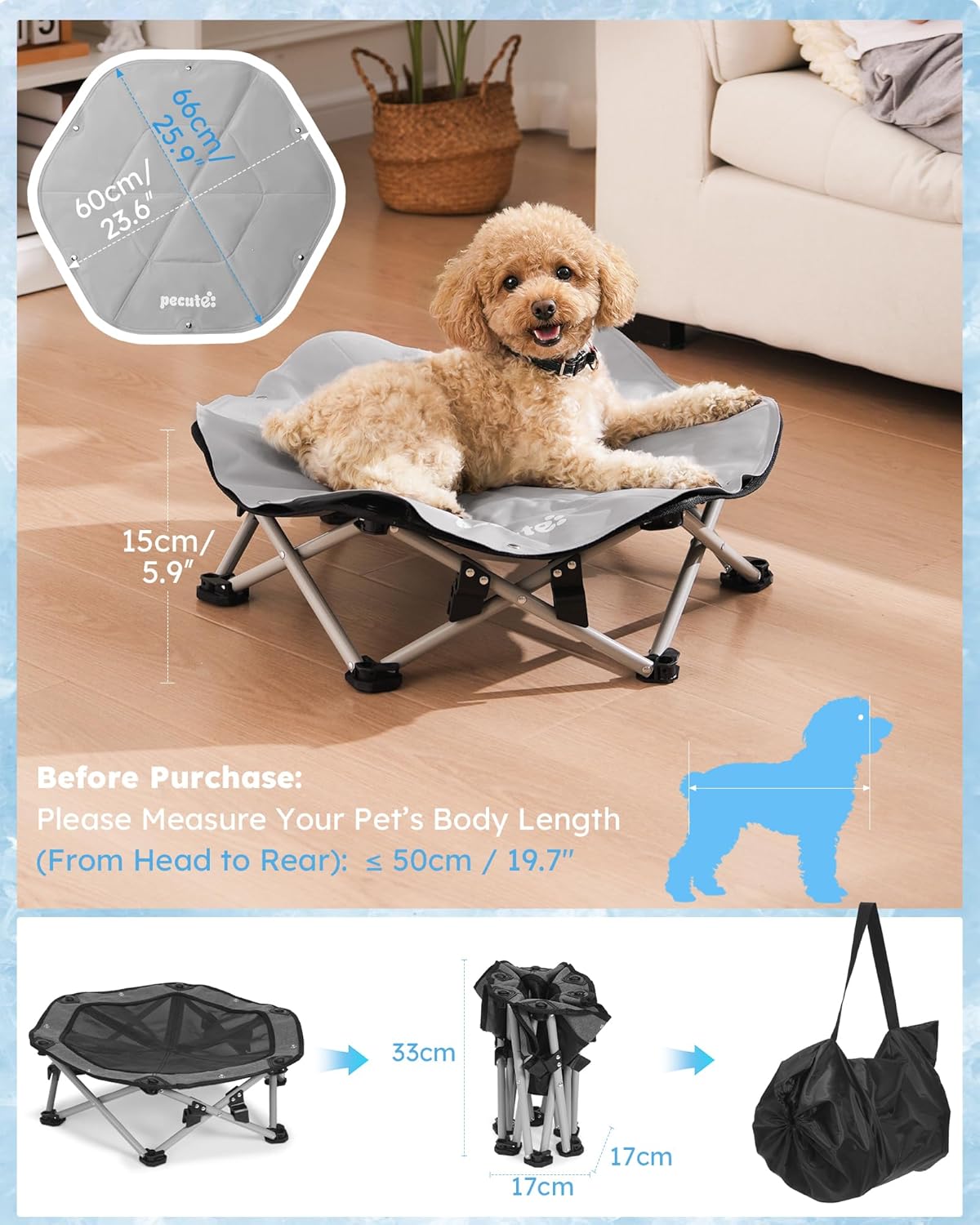 pecute ELevated Pet Bed with Cooling Mat, Cat Cooling Bed Built with 360° Breathable Mesh, Dog Cooling Bed Foldable, Portable and Non-slip, for Indoor and Outdoor Use, Supports up to 60kg,M,Dia 60cm