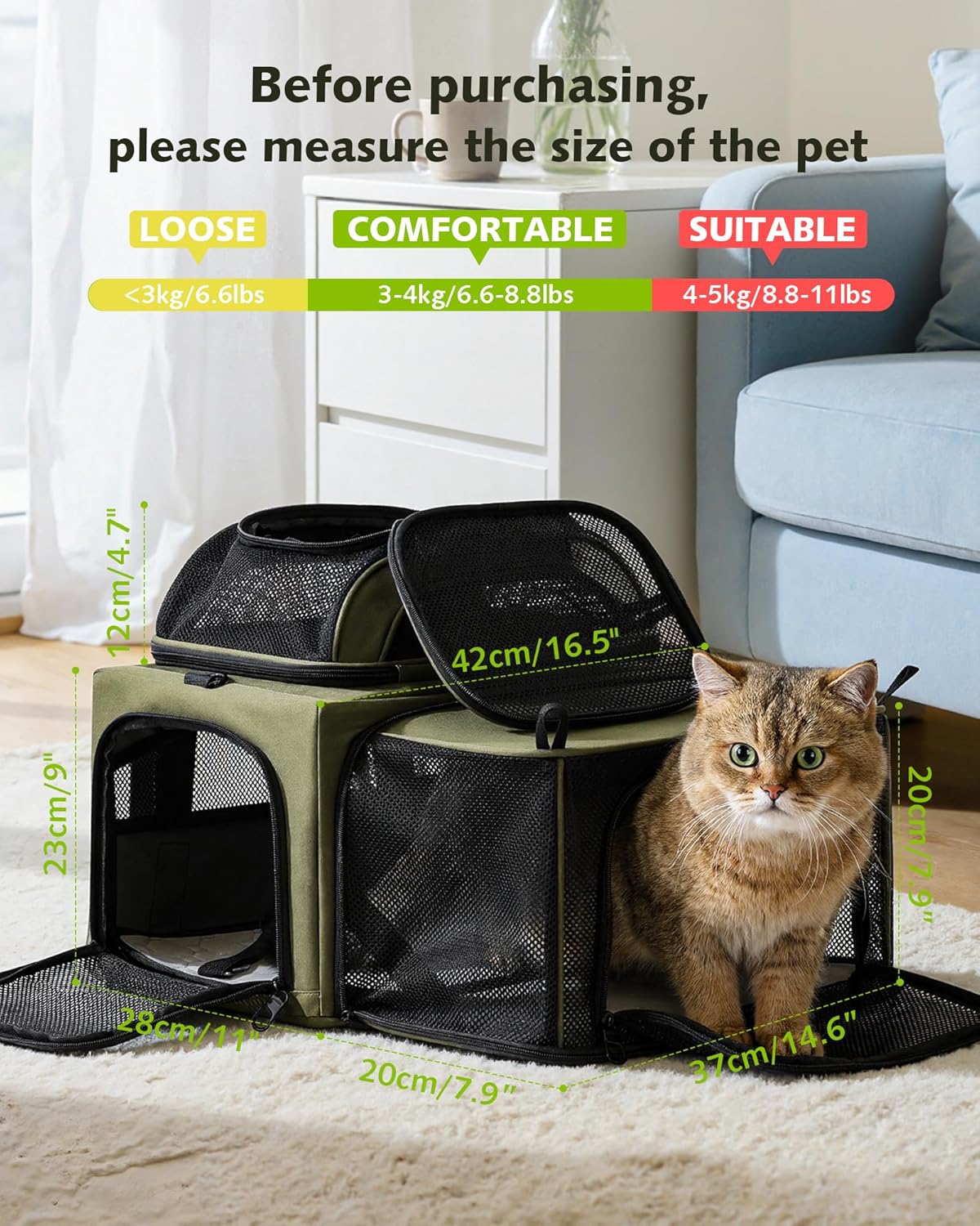 Pecute Top Side Expandable Pet Carrier Airline Approved Dog Cat Carrier, Breathable Soft-Sided with Locking Zippers, Pet Travel Bag for Small Dog Cat Leakproof Pee Pad (Olive Green)