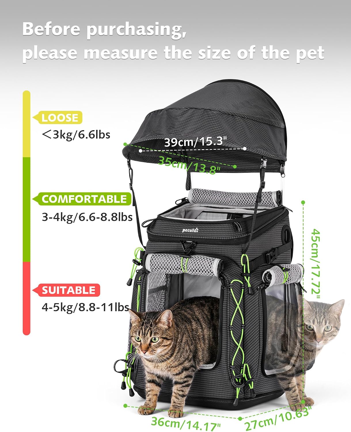 Pecute Travel Cat Backpack Carrier,Hiking Pet Backpack,Black,Up to 11 lbs