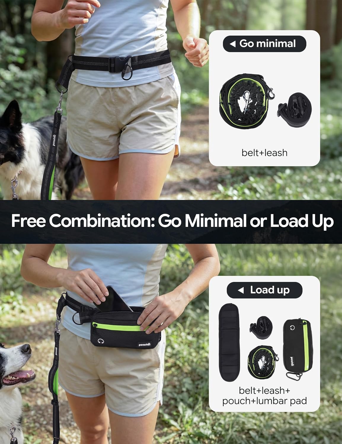 Dog Leash Hands Free, Waist Leash for Dog Walking with Pouch Removable| Shock Absorbing Bungee| Thickened Lumbar pad & Comfortable Dual Handles| Dog Running and Training,for 33-120lbs Dogs