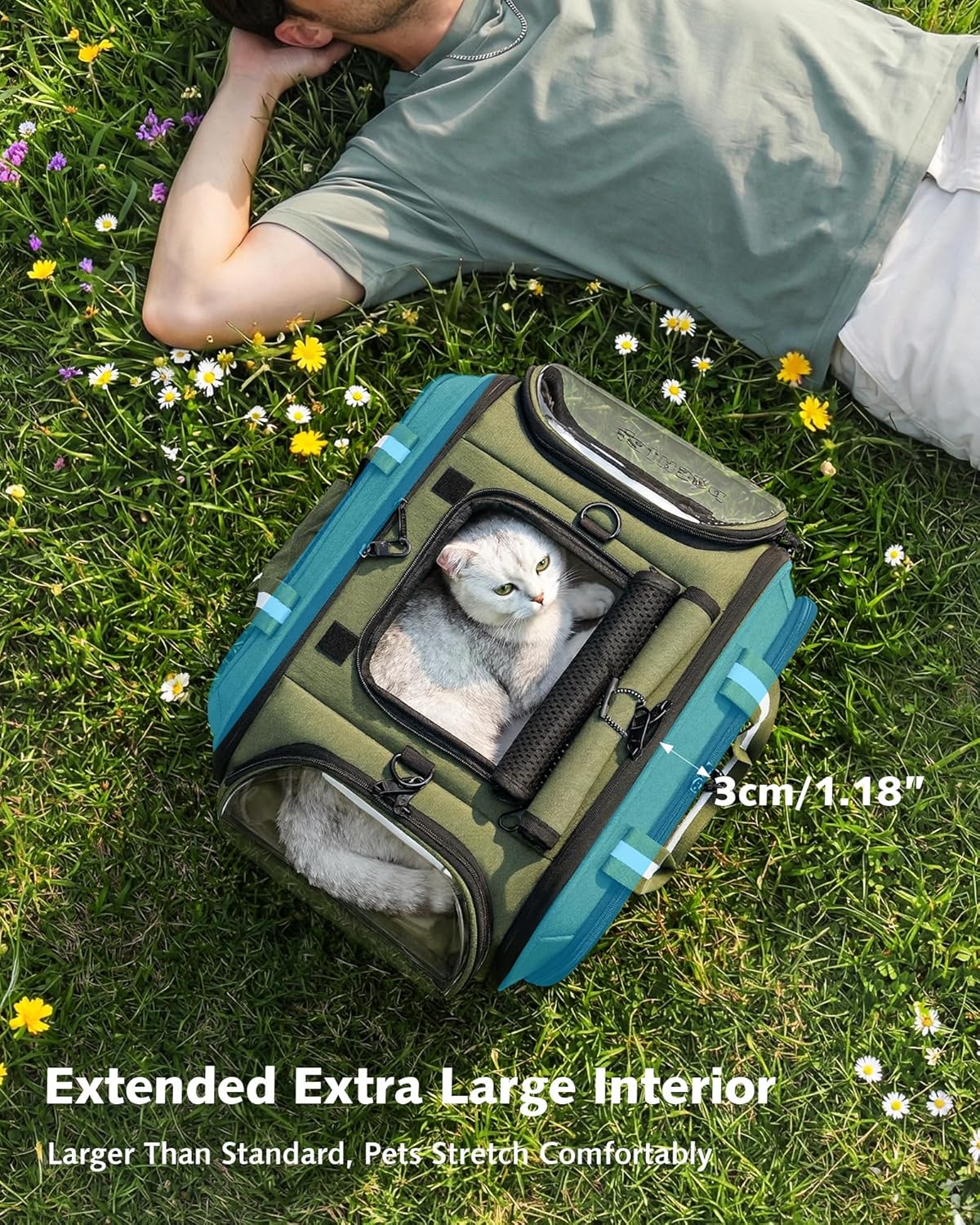 pecute Cat Carrier Bubble Window, Cat Carrier Bag Breathable, Stable Bubble Pet Carrier, Pet Carrier With Sun Protection Roller Blinds, Dog Carrier for Hiking, Walking, Travelling, Green