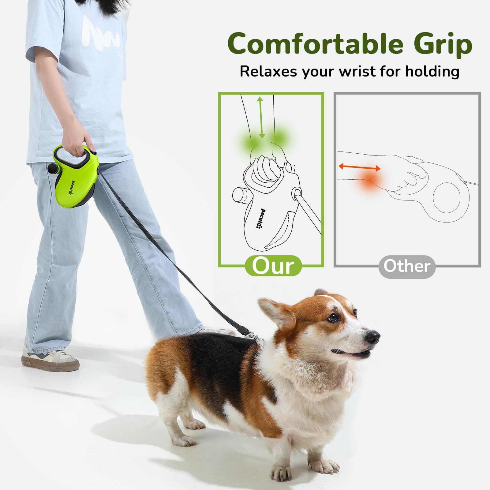 PEUTE 10m/32ft Laish pour chien rétractable avec des bandes réfléchissantes avec sac de merde