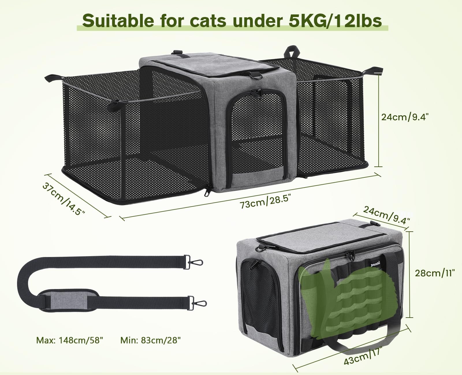 Pecute Airline Approved Cat Carrier Expandable Pet Carrier up to 5kg/12lbs