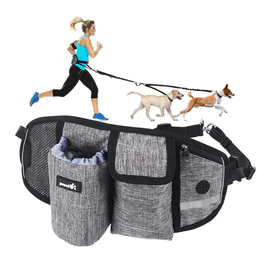 Pecute Hands Free Double Dog Running Lead (Large -2 Leash, Grey).