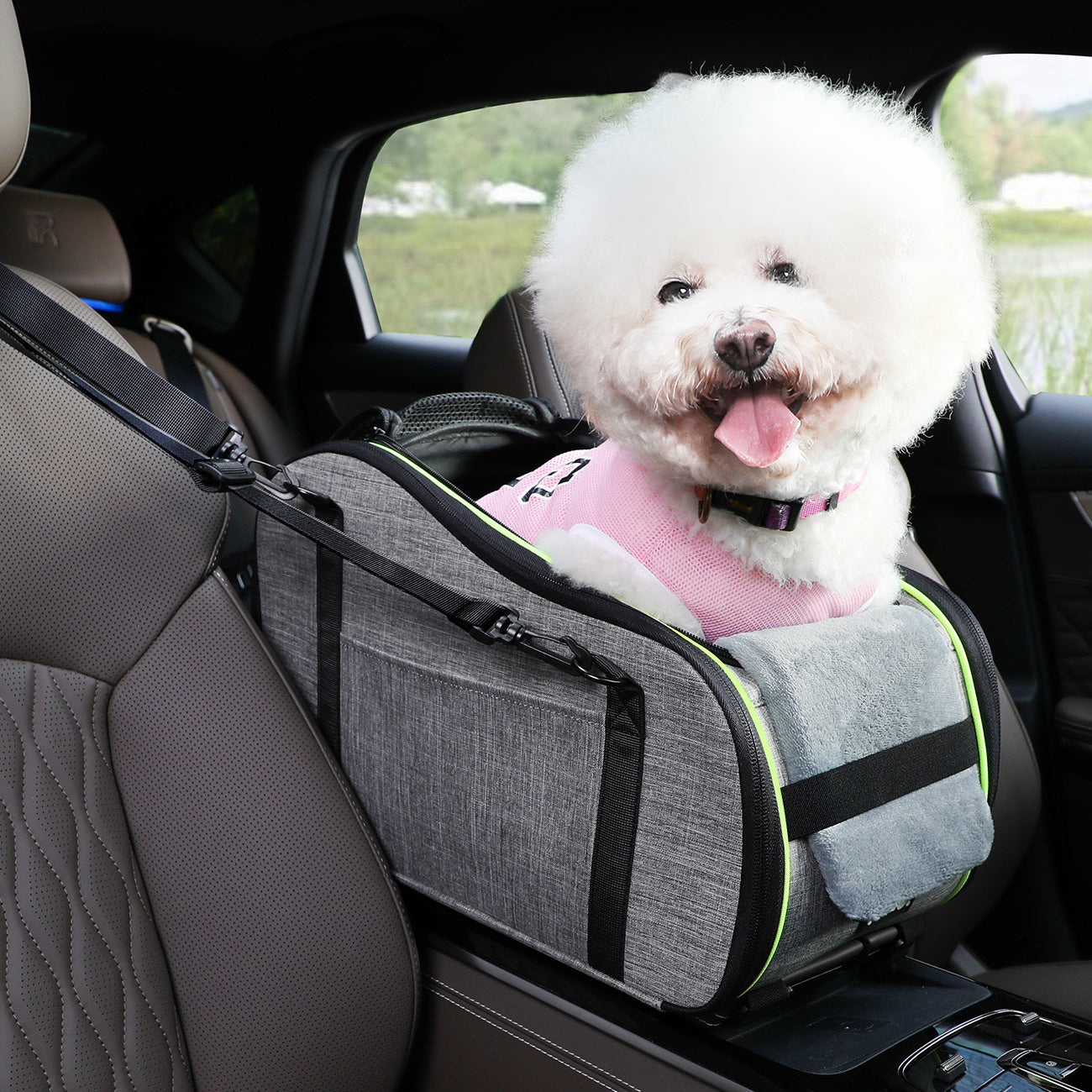 Borsa per animali domestici Pecute con bracciolo centrale per auto, grigia