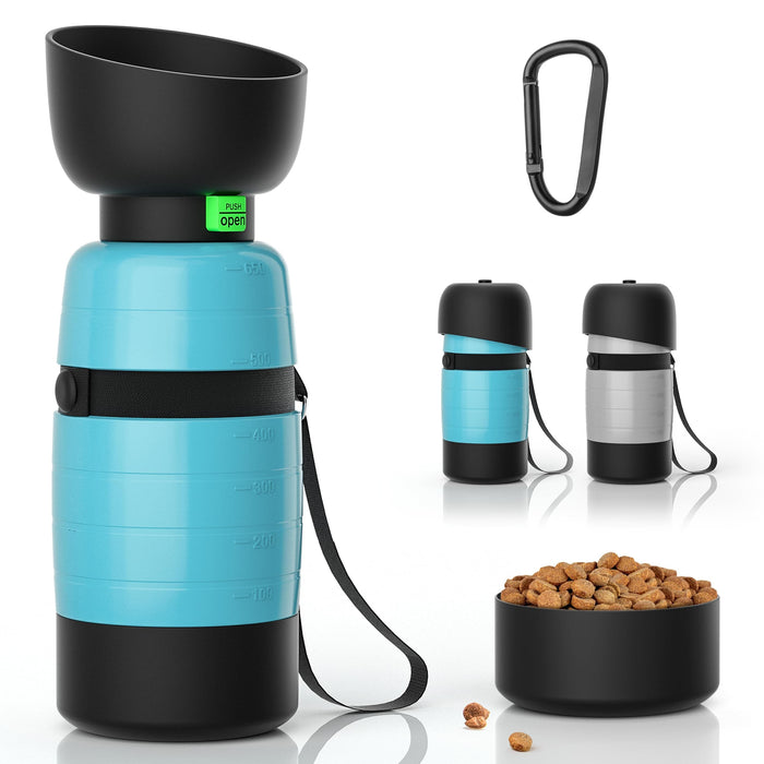 Pecute Blue Portable Dog Water Bottle with Food Container (650ml+150ml).