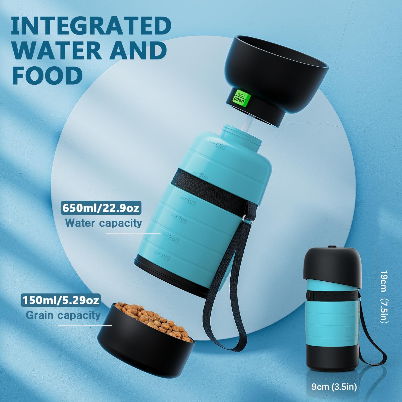 Pecute Blue Portable Dog Water Bottle with Food Container (650ml+150ml).