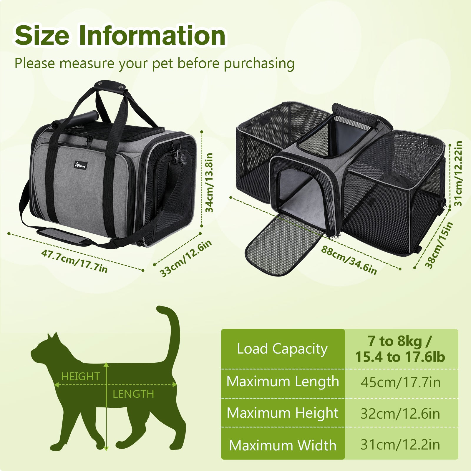 Pecute Cat Carrier Extensible, très grand sac de transport pour animaux de compagnie