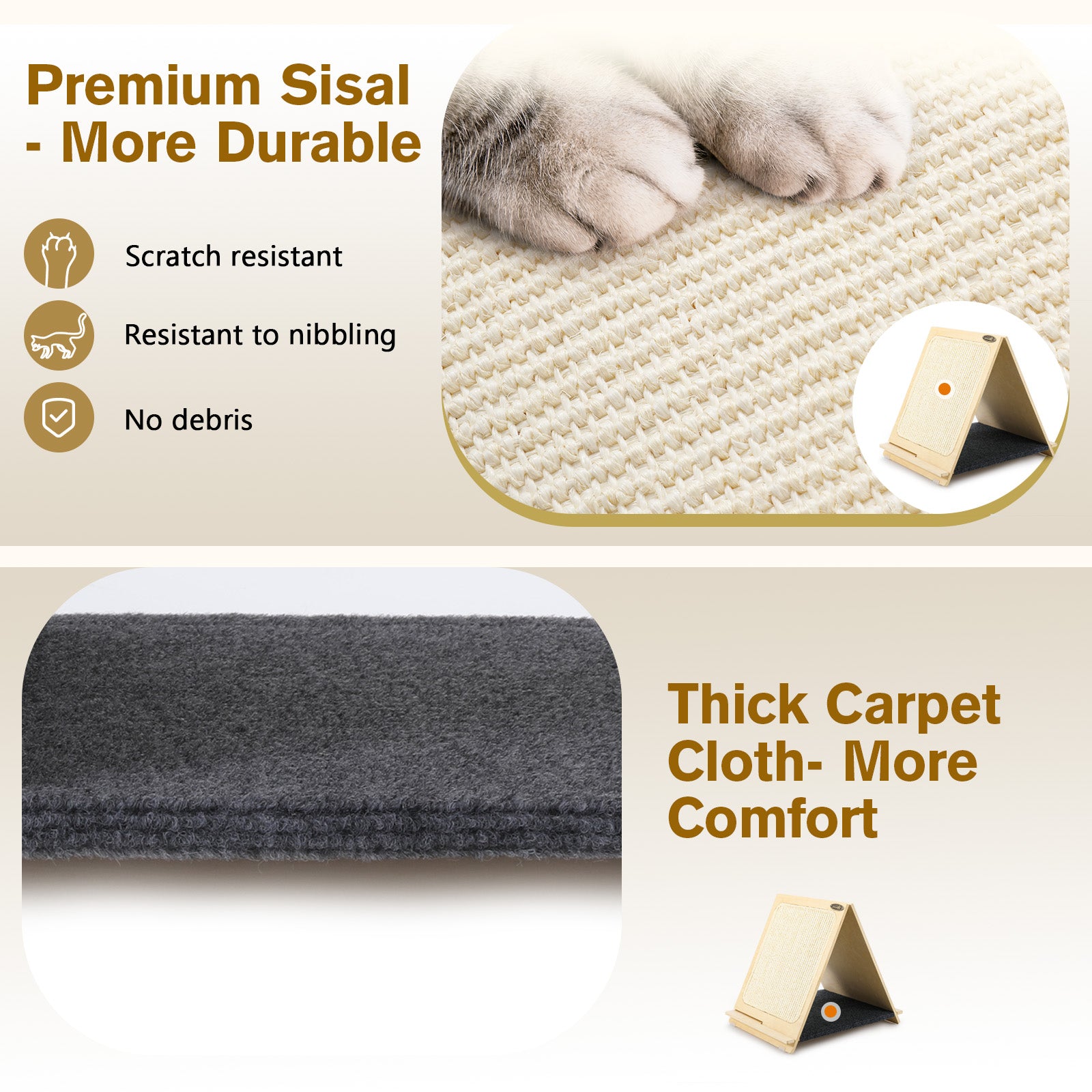 Pecute Grattoir triangulaire pour chat, tapis à gratter pliable en sisal tissé double face