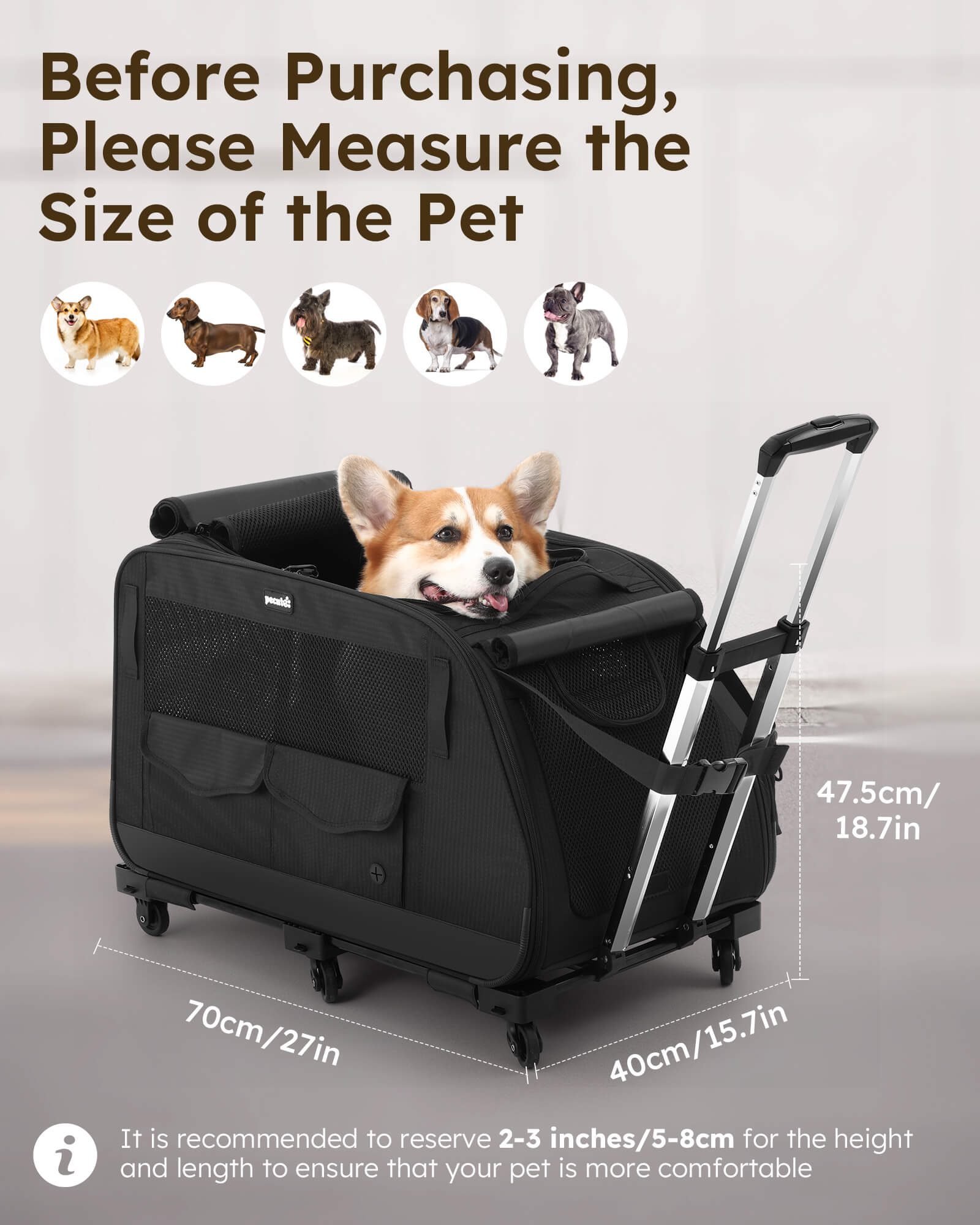 Pecute Pet Stroller for Short Legged Dogs Dog Carrier with Wheels for Dachshund, French Bulldog, Basset Hound, Corgi