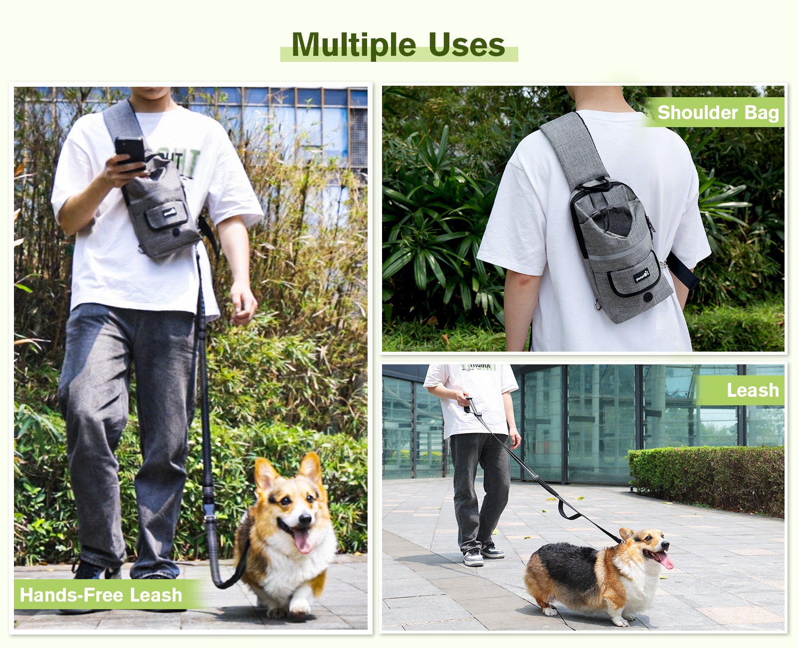 Pecute Laisse mains libres pour chien avec sac à bandoulière confortable pour la marche et le jogging