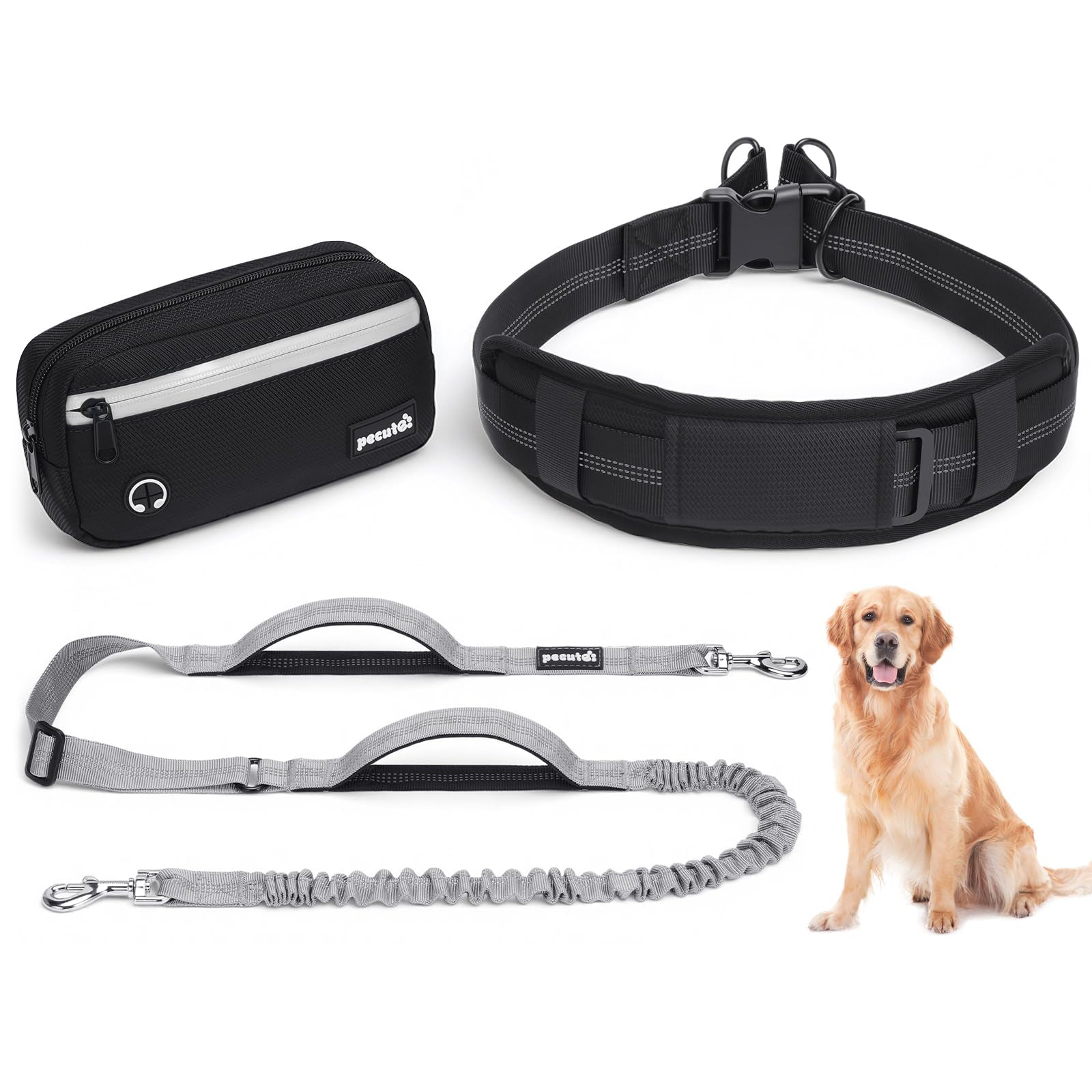 Pecute Dog Leash Hands Free Waist Leash with Pouch Removable for 33-120lbs Dogs