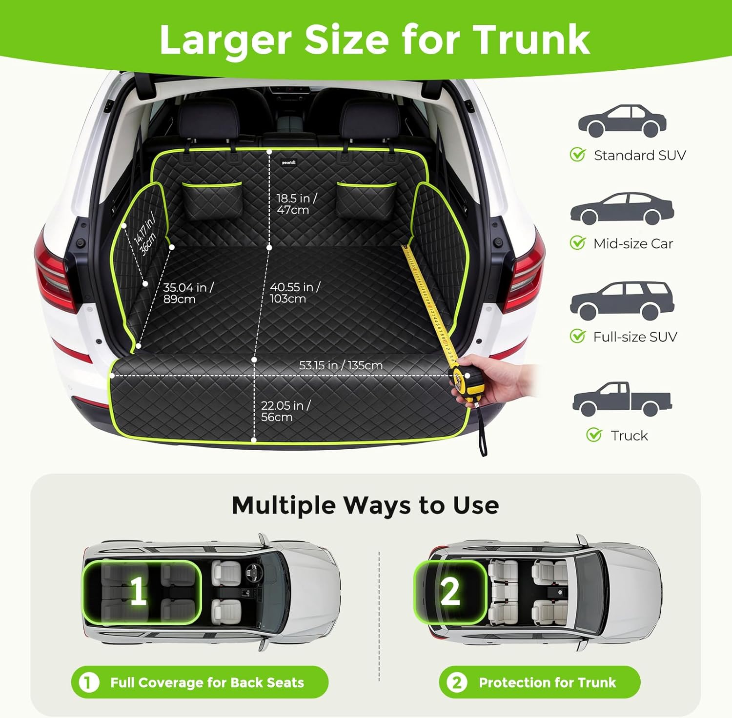 SUV Cargo Liner for Dogs, Upgraded Scratch-proof Leather 14.17" Heightened Side Flaps, 53.15" x40.55" Waterproof Non-Slip Trunk Liner with Bumper Flap, Universal Fit for SUVs Sedans Vans 3-Row SUV