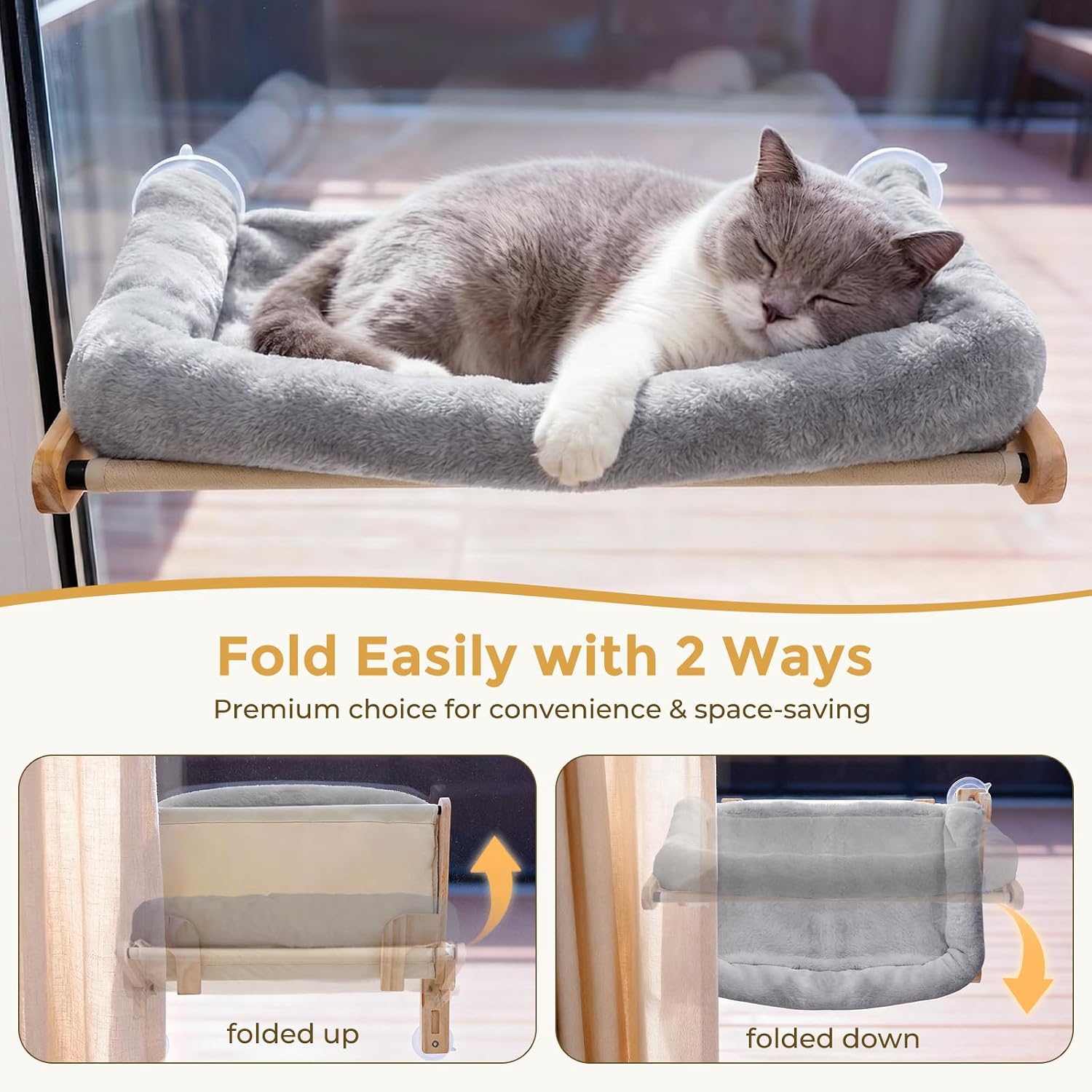 Pecute Cat Window Hammock Foldable, Cat Bed with Soft Cushion Grey, 26" L