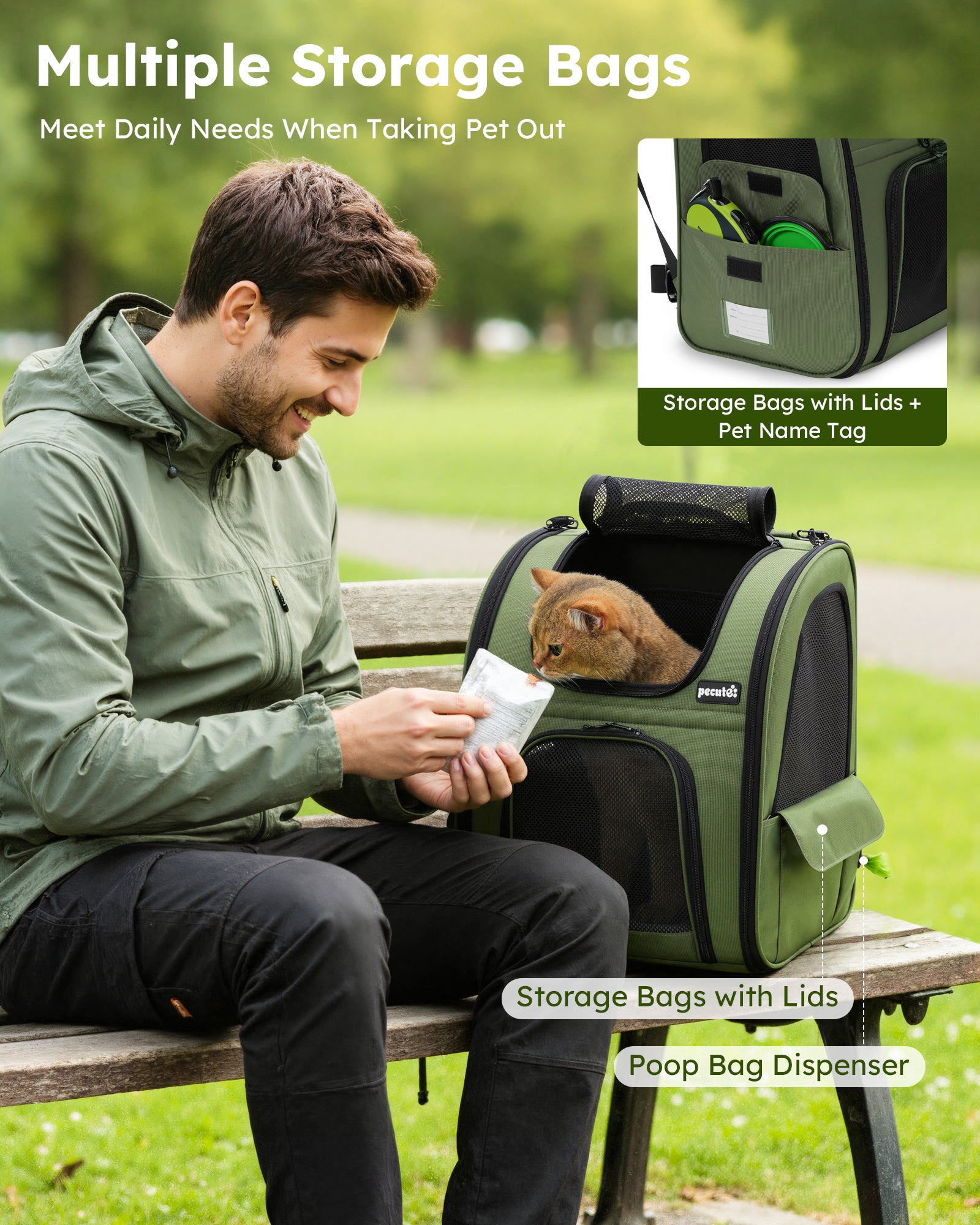 Pecute Expandable Breathable Mesh Cat Backpack Carrier (Green)