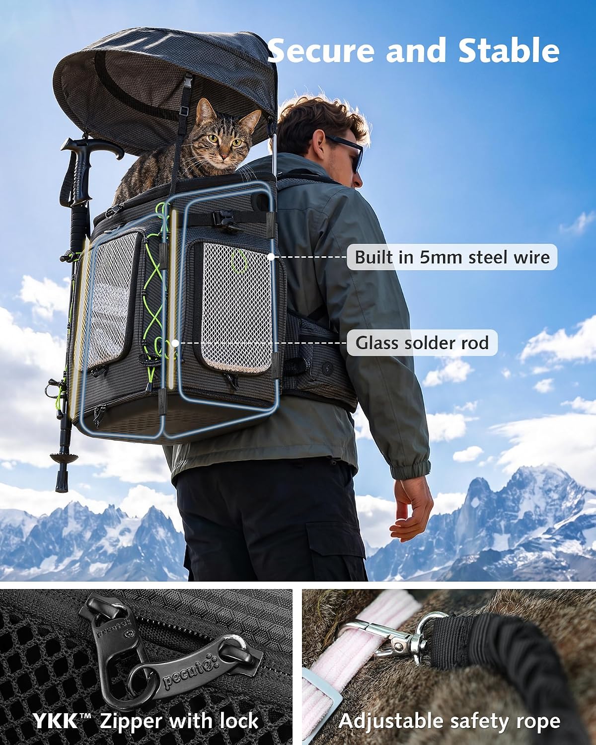 Pecute Travel Cat Backpack Carrier,Hiking Pet Backpack,Black,Up to 11 lbs