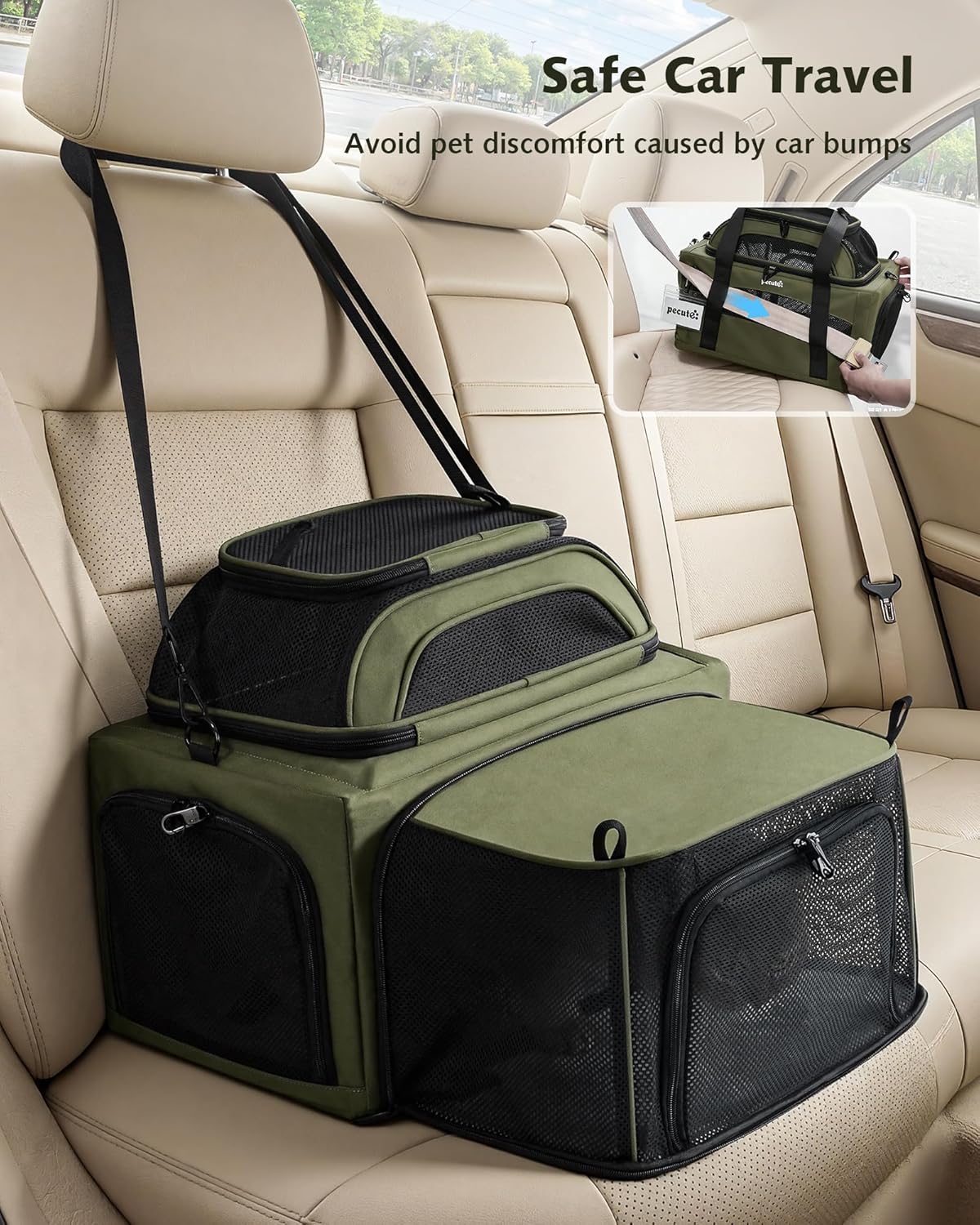 Pecute Top Side Expandable Pet Carrier Airline Approved Dog Cat Carrier, Breathable Soft-Sided with Locking Zippers, Pet Travel Bag for Small Dog Cat Leakproof Pee Pad (Olive Green)