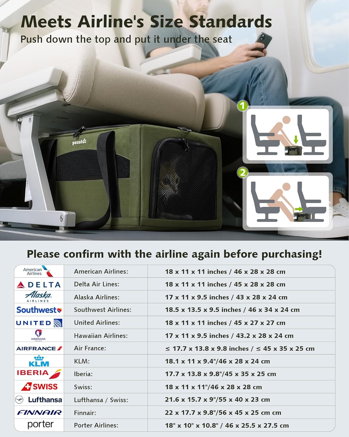 Pecute Top Side Expandable Pet Carrier Airline Approved Dog Cat Carrier, Breathable Soft-Sided with Locking Zippers, Pet Travel Bag for Small Dog Cat Leakproof Pee Pad (Olive Green)