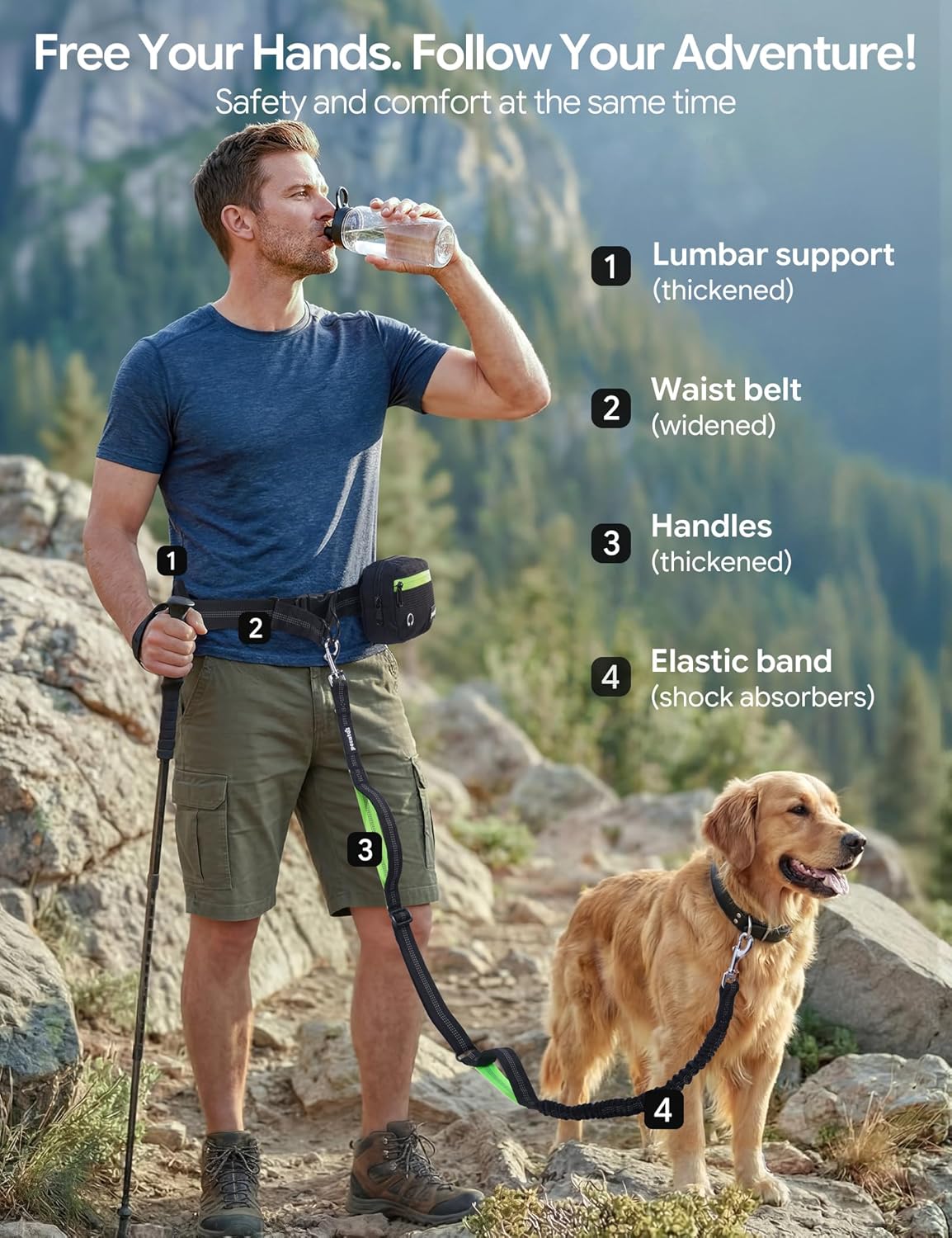 Dog Leash Hands Free, Waist Leash for Dog Walking with Pouch Removable| Shock Absorbing Bungee| Thickened Lumbar pad & Comfortable Dual Handles| Dog Running and Training,for 33-120lbs Dogs