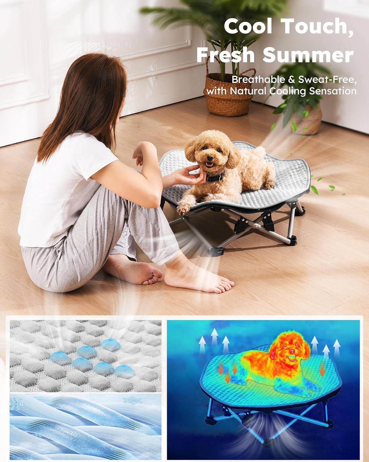 Pecute Elevated Dog Bed with Cooling Blanket, Chew Proof Outdoor Pet Cot for Small Dogs, Tool-Free Assembly & 360° Breathable Mesh for Summer Camping, Orthopedic Joint Support, M, 26×23.6×5.9"