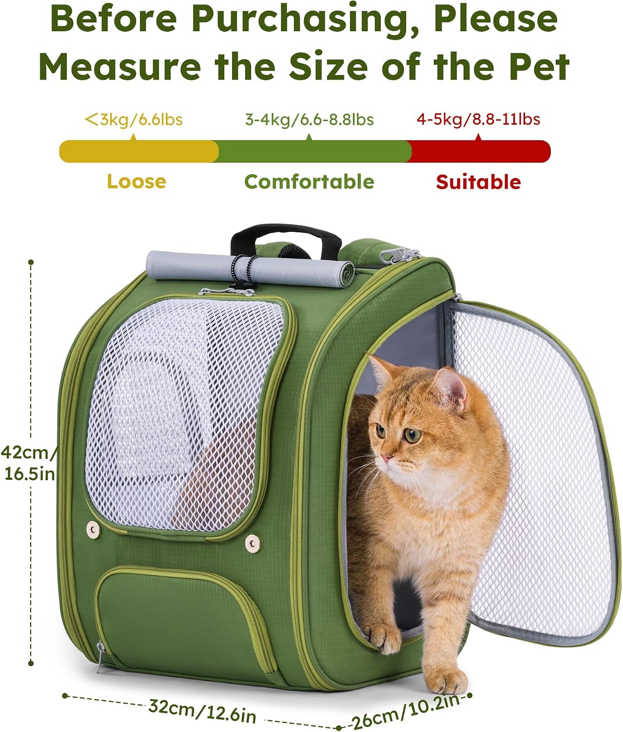 Pecute Cat Backpack Carrier, Spacious & Breathable Pet Backpack, Green