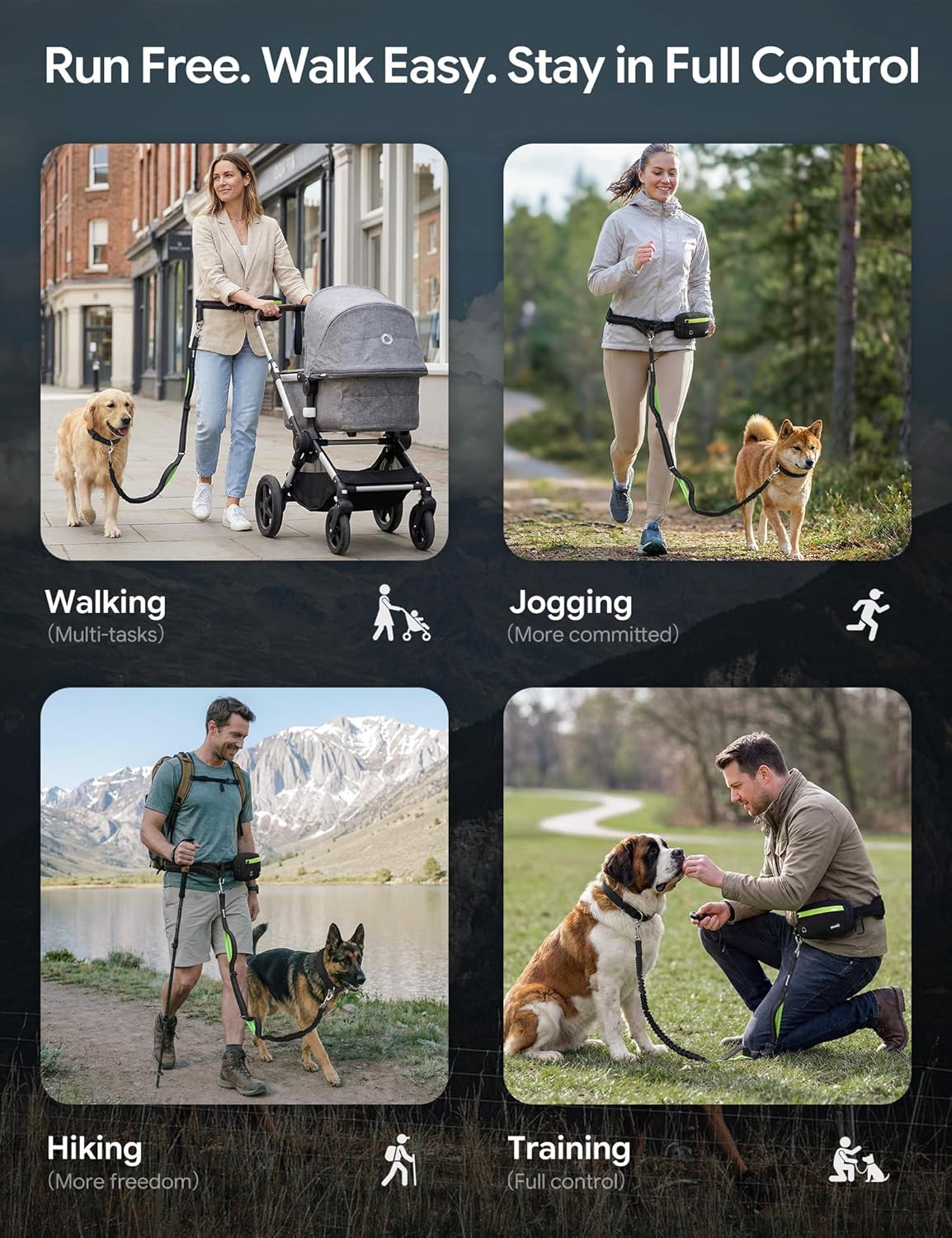 Dog Leash Hands Free, Waist Leash for Dog Walking with Pouch Removable| Shock Absorbing Bungee| Thickened Lumbar pad & Comfortable Dual Handles| Dog Running and Training,for 33-120lbs Dogs