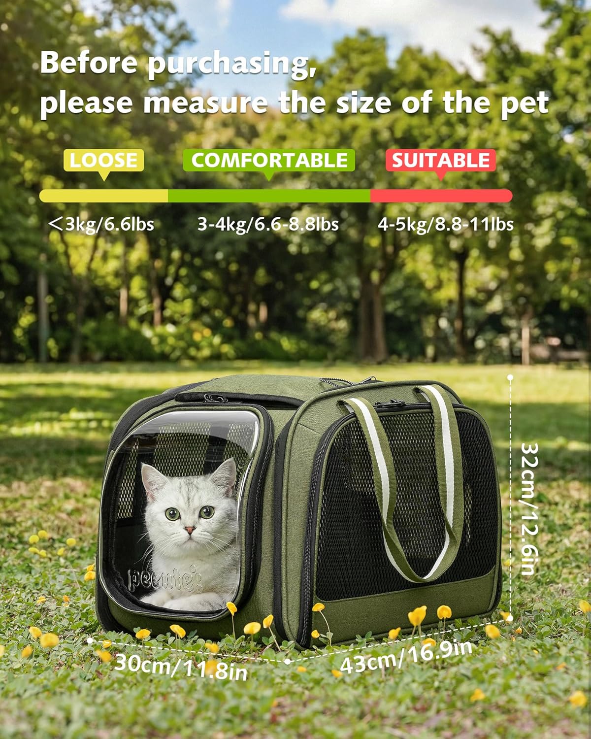 pecute Cat Carrier Bubble Window, Cat Carrier Bag Breathable, Stable Bubble Pet Carrier, Pet Carrier With Sun Protection Roller Blinds, Dog Carrier for Hiking, Walking, Travelling, Green