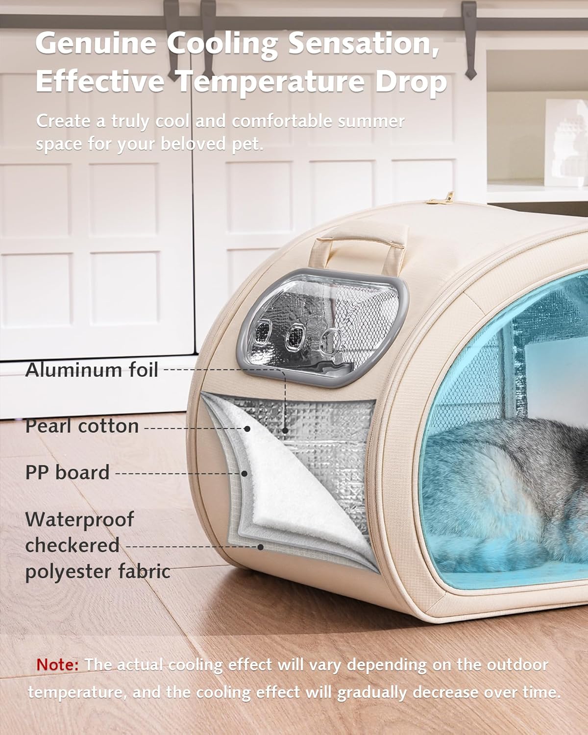 Pecute Cooling Cat House, with Cooling Mat for Small Dogs, Indoor Cat Bed with Insulation and 6 ice Packs Cooling for Cat and Dog, Foldable Outdoor Cat House for Hot Summer Days, M, Cream