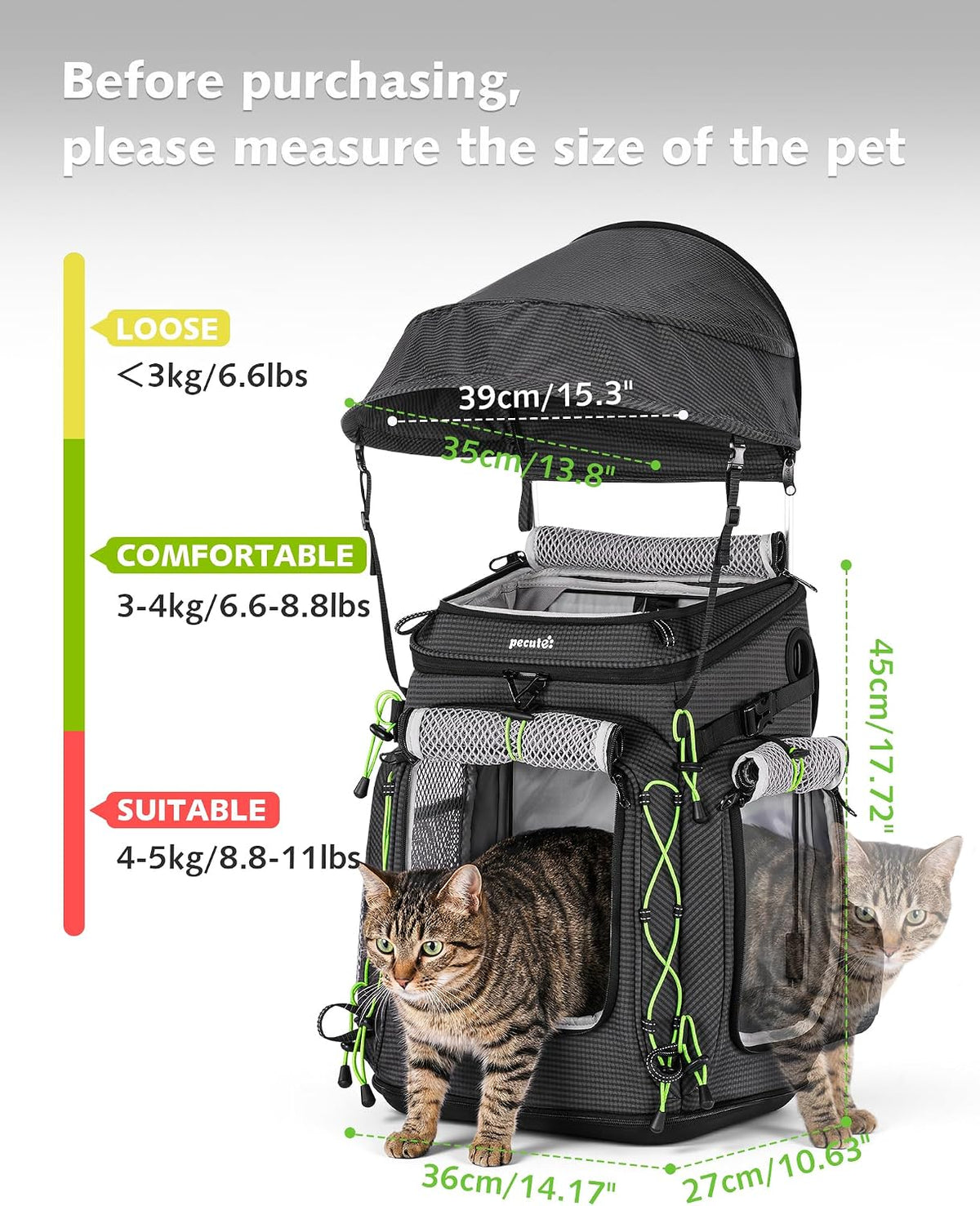 Pecute Travel Cat Backpack Carrier,Hiking Pet Backpack,Black,Up to 11 lbs