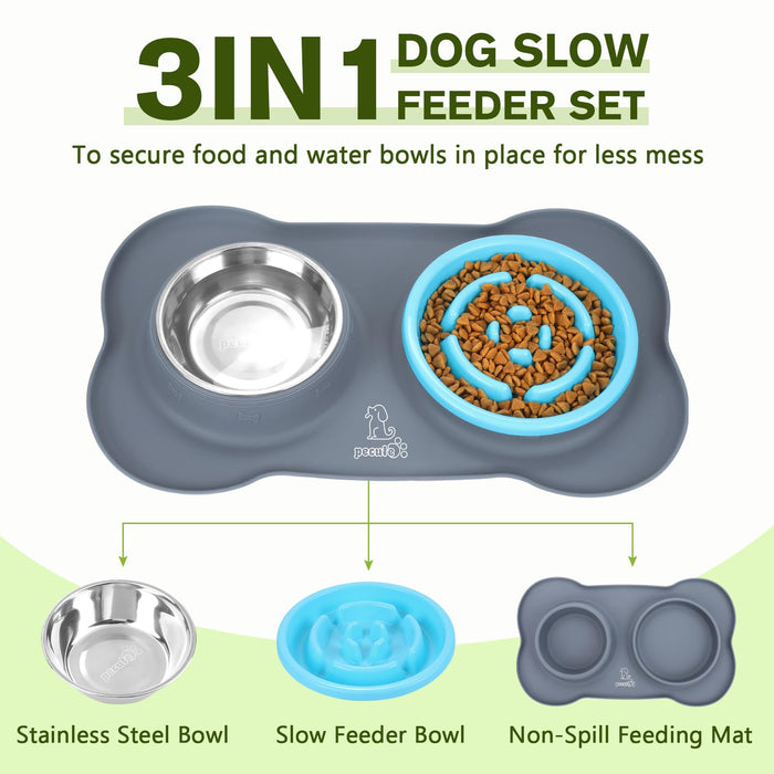 Pecute 3-in-1 Slow Eating Dog Bowls with Non Slip Mat
