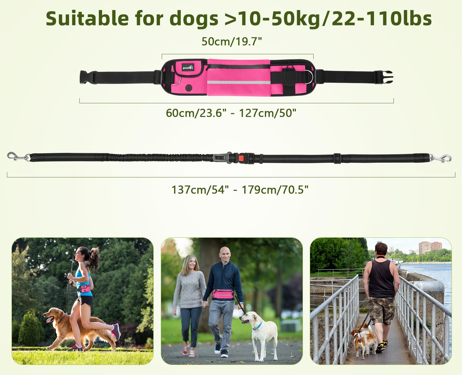 Pecute Hands Free Dog Leash with Pouch (Pink)