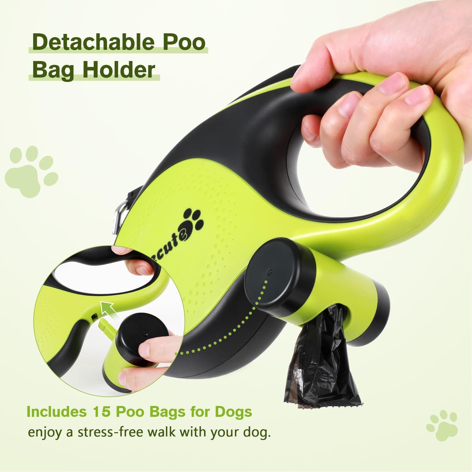 Pecute Retractable Dog Leash with Poo Bag Holder Up to 33lbs/15kg in Weight.