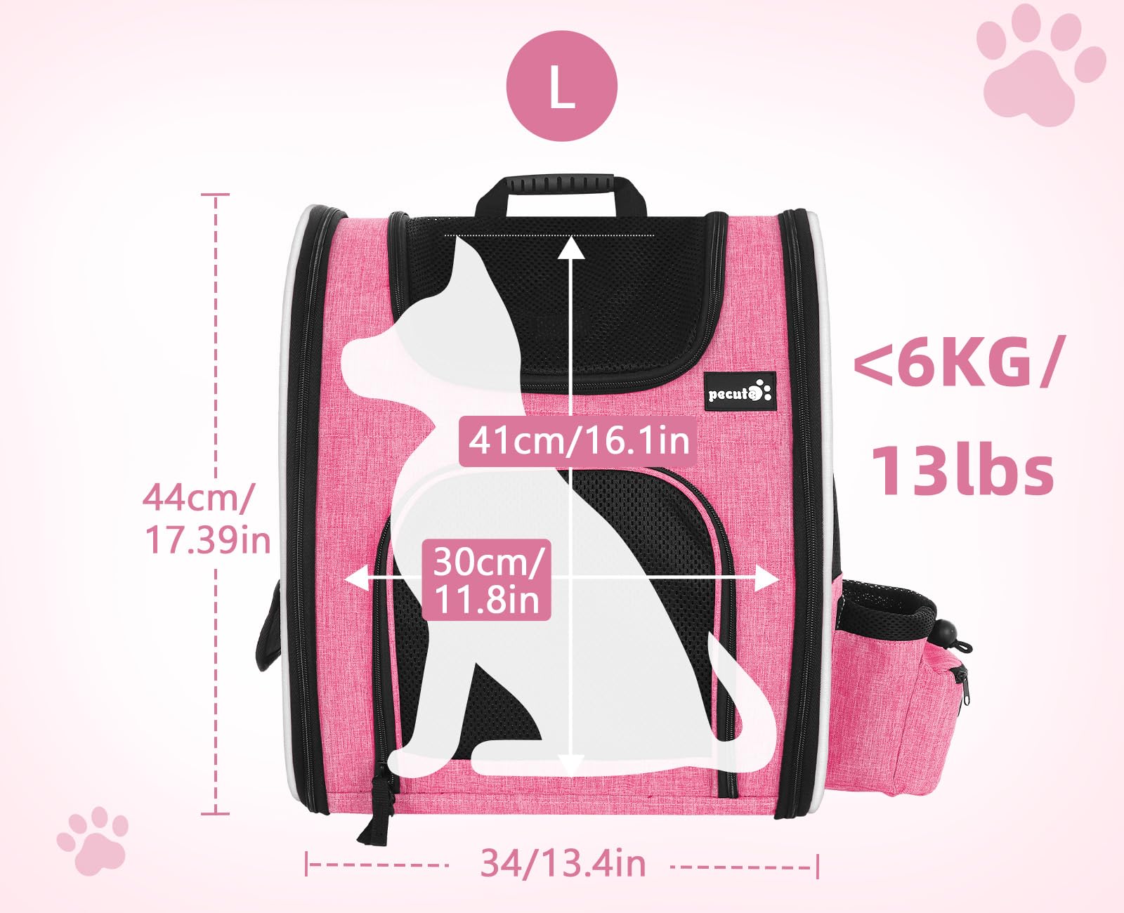 Pecute Sac à dos pour chien et chat, sac à dos portable et respirant (rose)