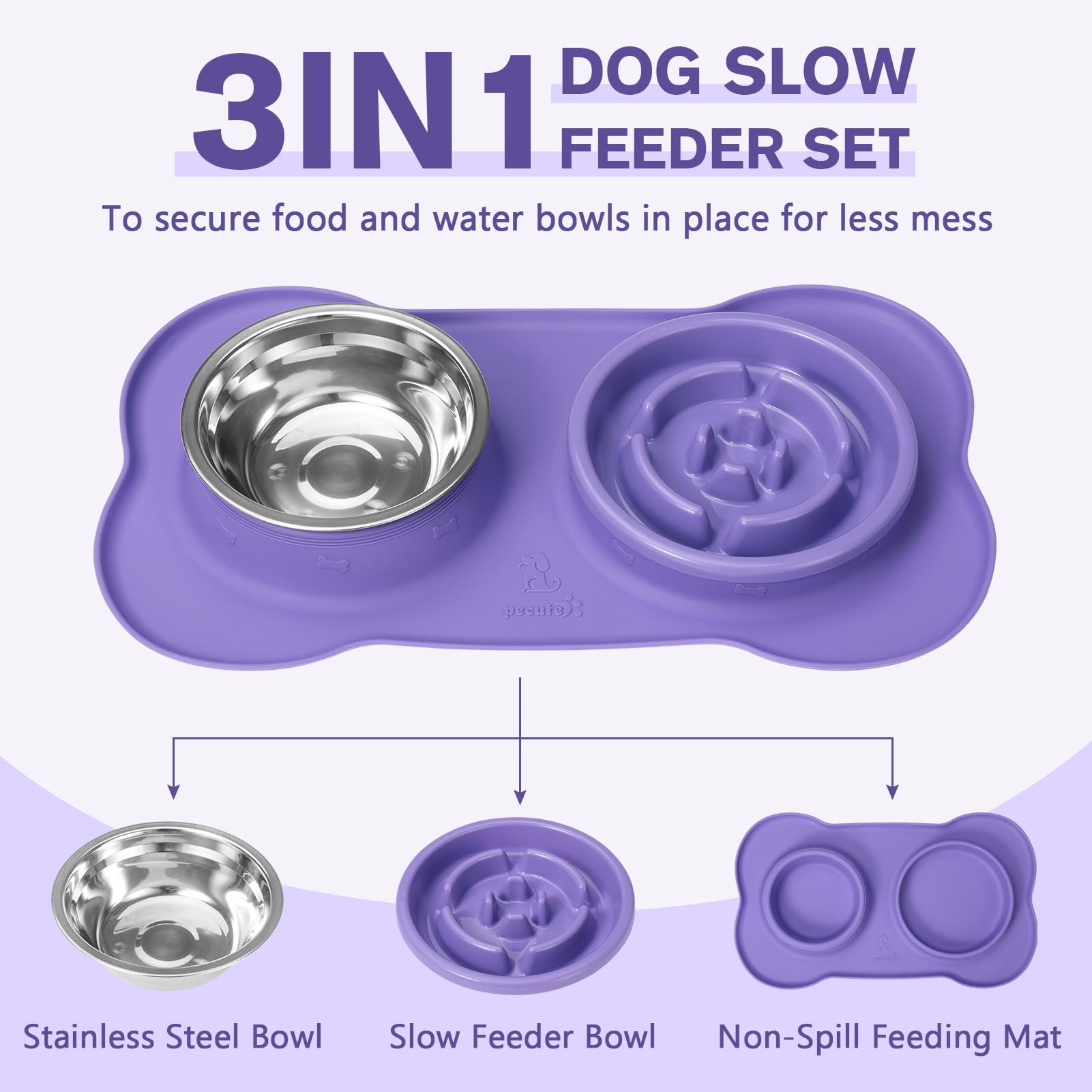 Pecute 3 in 1 Slow Eating Dog Bowls with Non Slip Mat