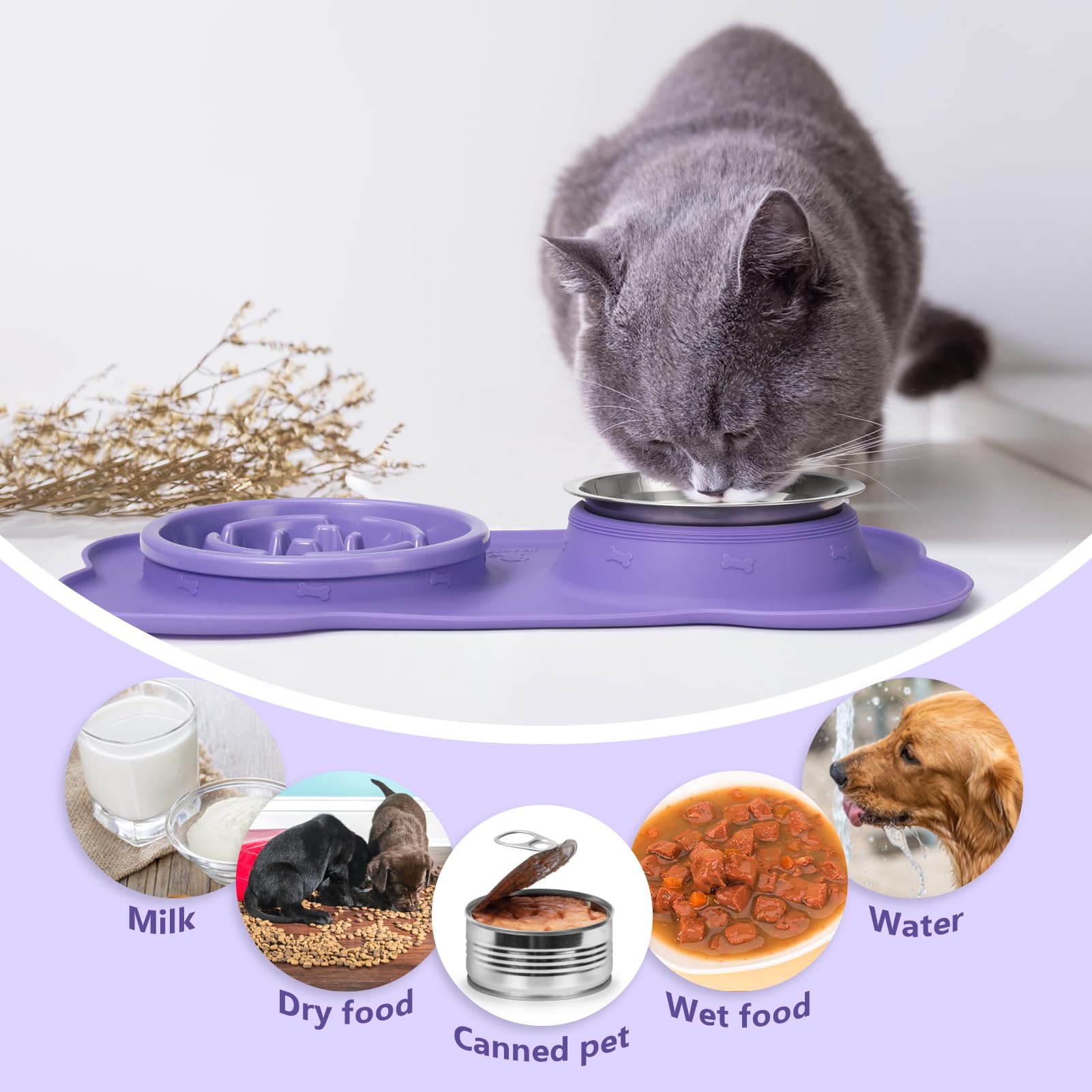 Pecute 3 in 1 Slow Eating Dog Bowls with Non Slip Mat